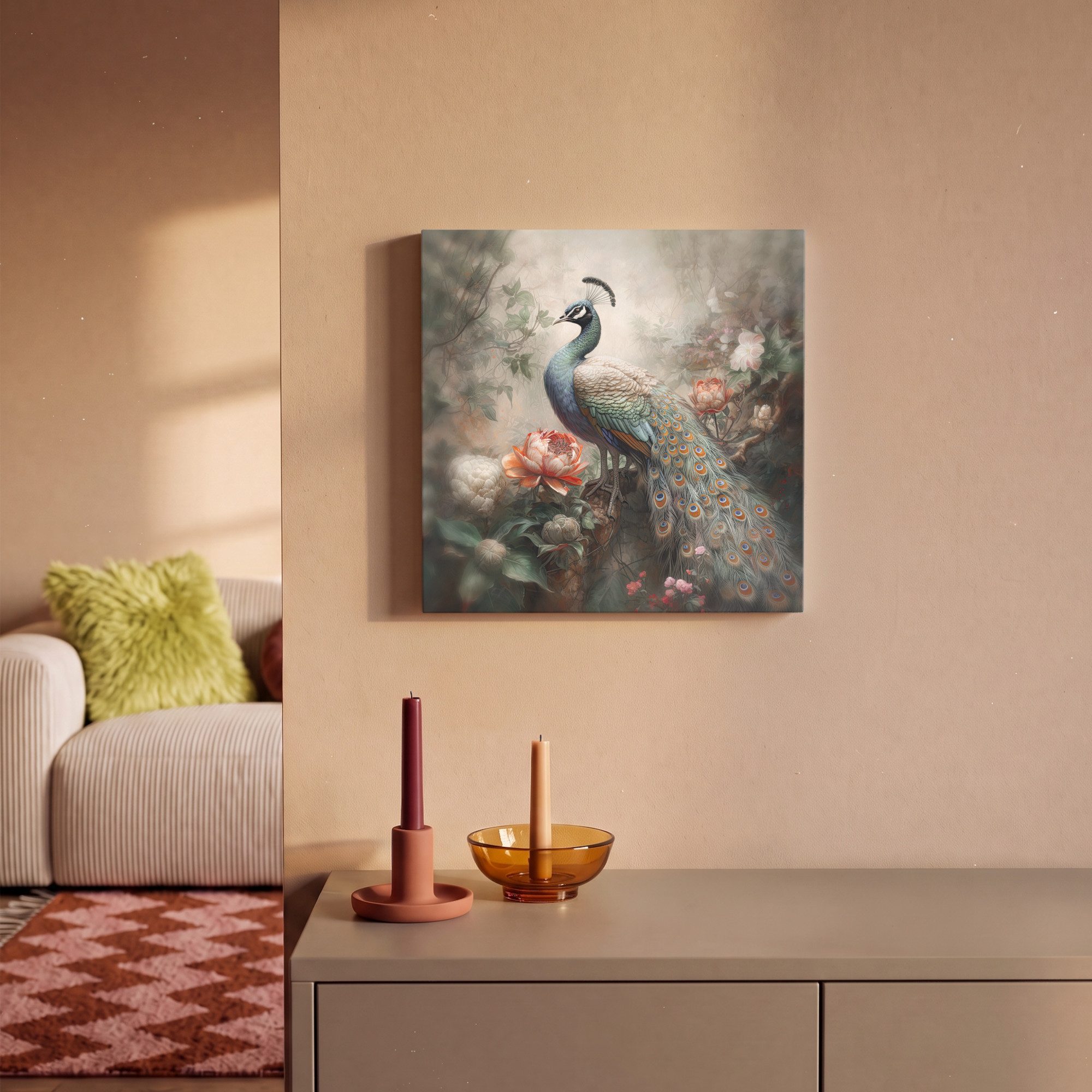 OneMillionCanvasses® Leinwandbild Pfau - Pfauenfedern - Vogel - Dschungel - Blumen, Fotodruck (1 St), Leinwand Canvas Wandbild, Wanddekoration 20x30 cm – Bild 2 von 5