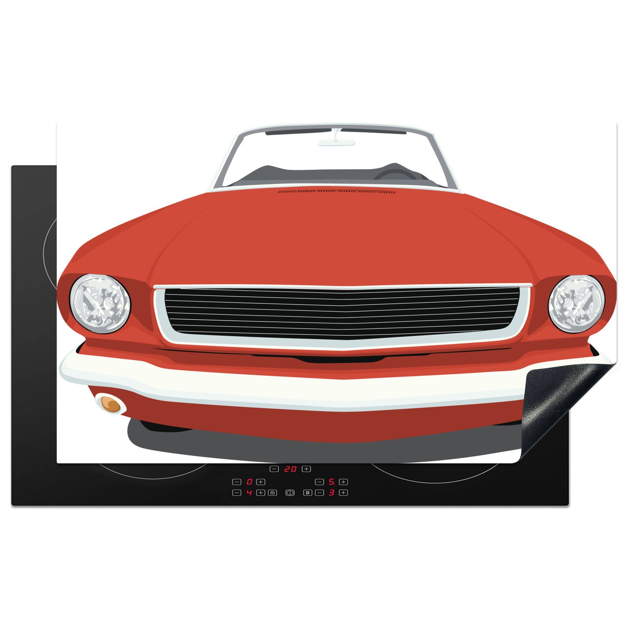 MuchoWow Herdblende-/Abdeckplatte Illustration der Vorderansicht eines roten Mustang, Vinyl, (1 tlg), 83x51 cm, Ceranfeldabdeckung, Arbeitsplatte für küche