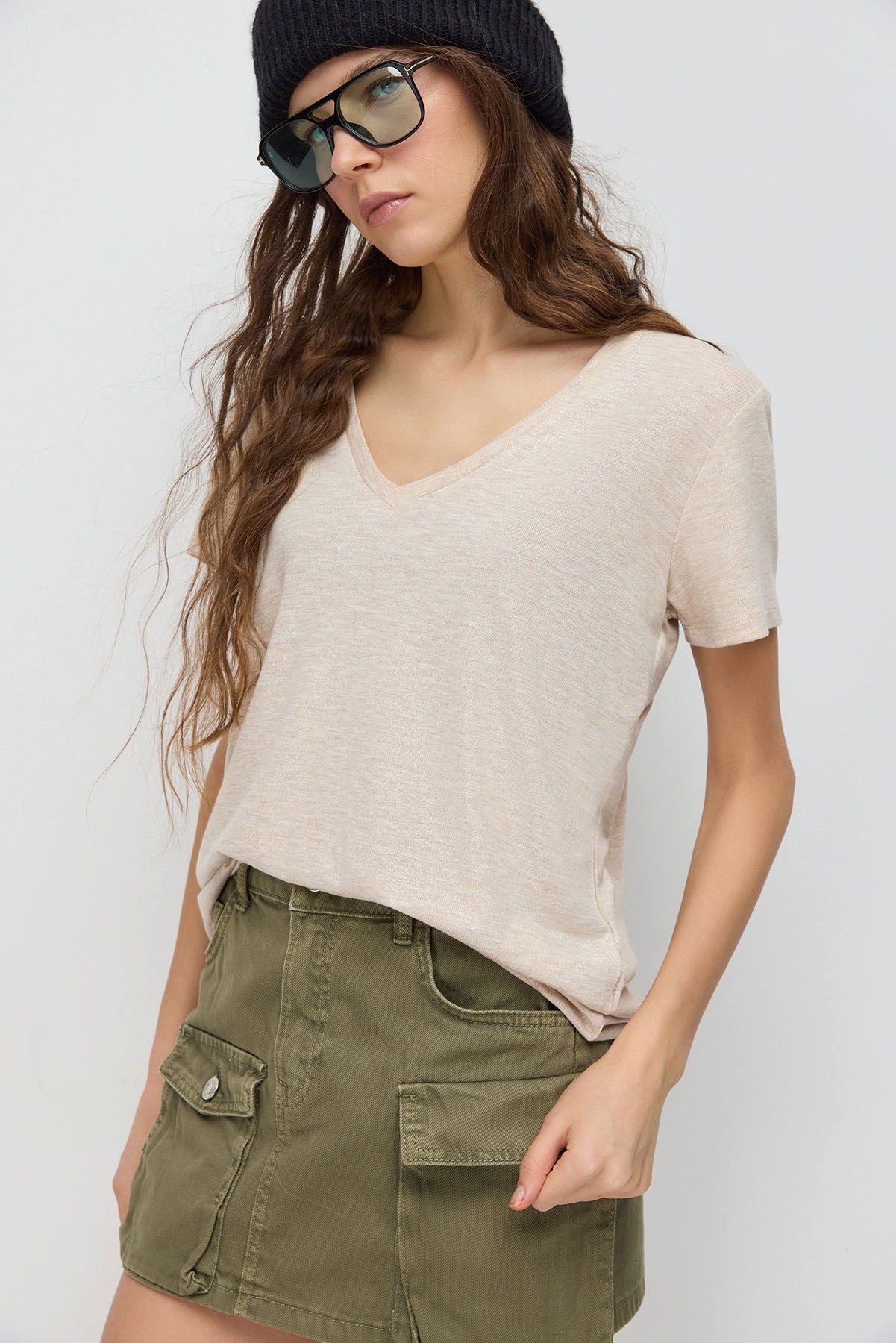 No Matter What T-Shirt BluzShimmer V-Ausschnitt Basic Bluse aus türkischem Stoff