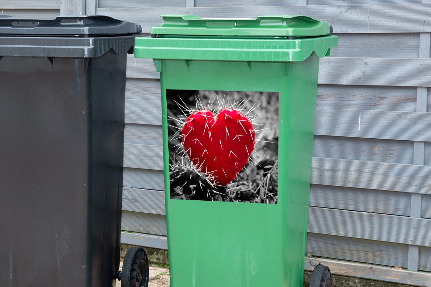Container, mit einem St), Schwarz-Weiß-Foto Mülleimer-aufkleber, Wandsticker Sticker, roten Kaktus (1 herzförmigen Abfalbehälter Mülltonne, MuchoWow