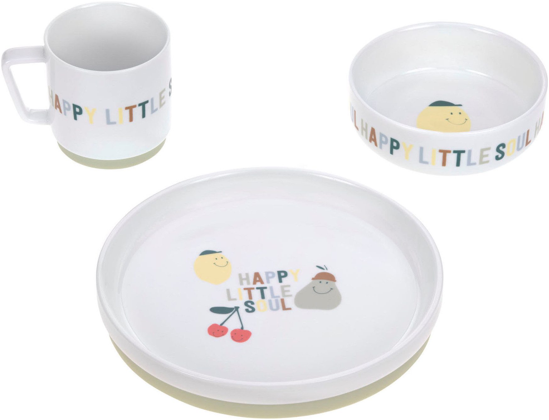 LÄSSIG Kindergeschirr-Set Happy Fruits (3-tlg), Porzellan, rutschfest