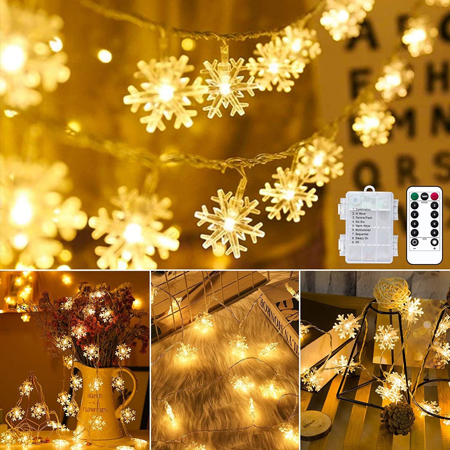 Oneid LED-Lichterkette Fernbedienung Lichter,80 10m mit Schneeflocke LED Weihnachtslichter