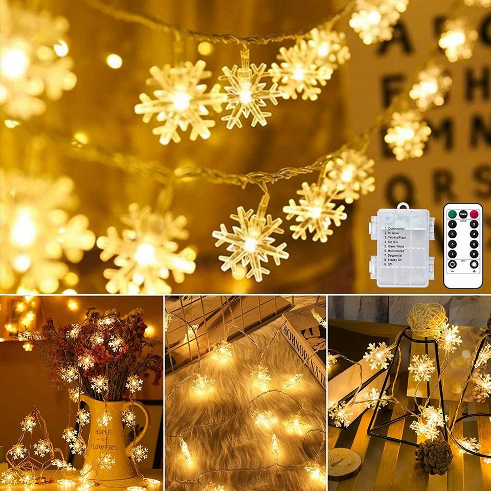 Oneid LED-Lichterkette Schneeflocke Lichter,80 LED 10m Weihnachtslichter  mit Fernbedienung