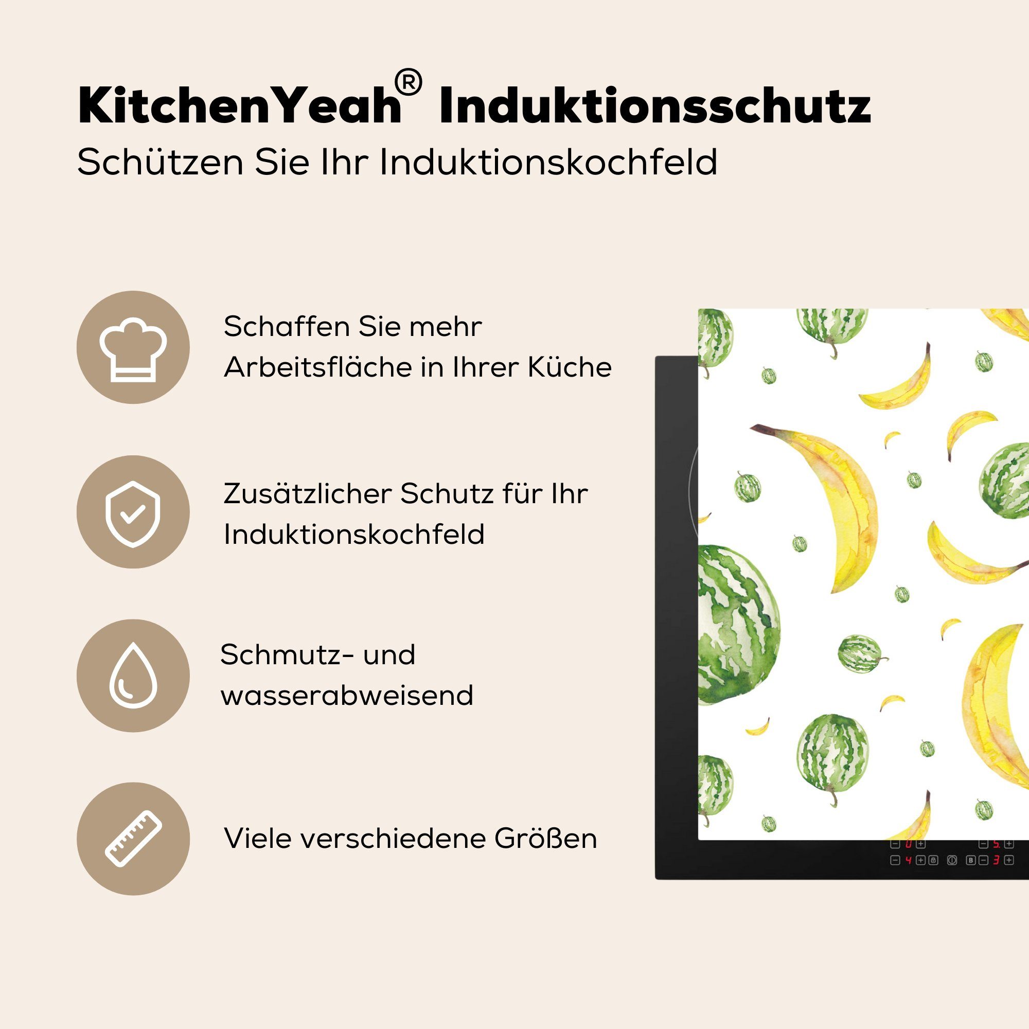 MuchoWow Herdblende-/Abdeckplatte Bananen - - Schablonen, Vinyl, tlg), (1 küche, für Schutz Melonen 81x52 die cm, Ceranfeldabdeckung Induktionskochfeld