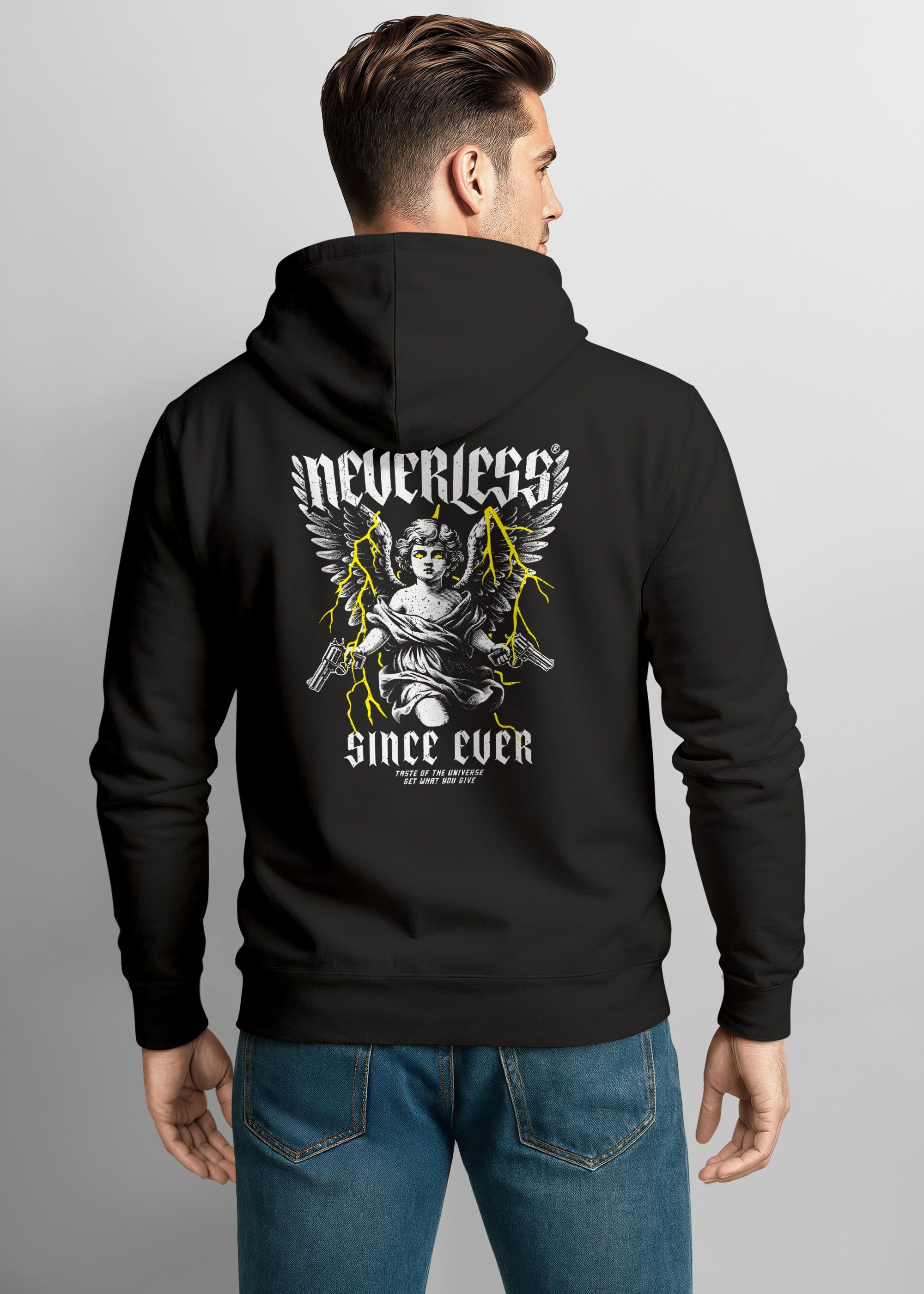 Neverless Hoodie Hoodie Backprint Herren Engel Tattoo Style Schrift Aufdruck