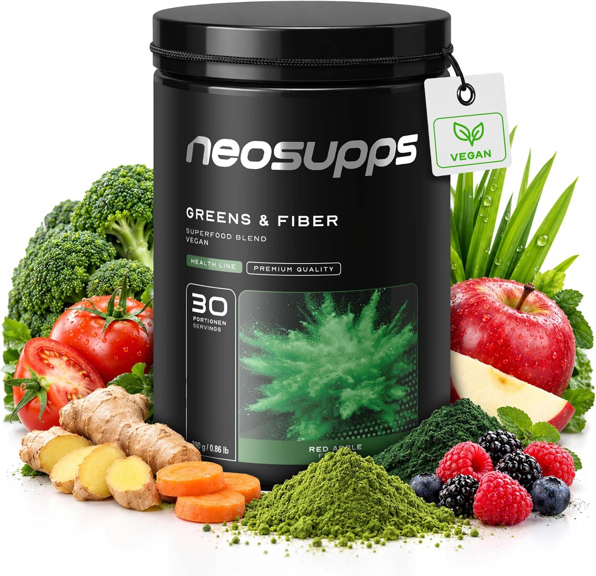 Neosupps Greens & Fiber, Hochdosiertes Superfood-Pulver mit Chlorella Spirulina Pulver, 390g Red Apple mit Weizengras, Gerstengras, Inulin & Apfelfaser