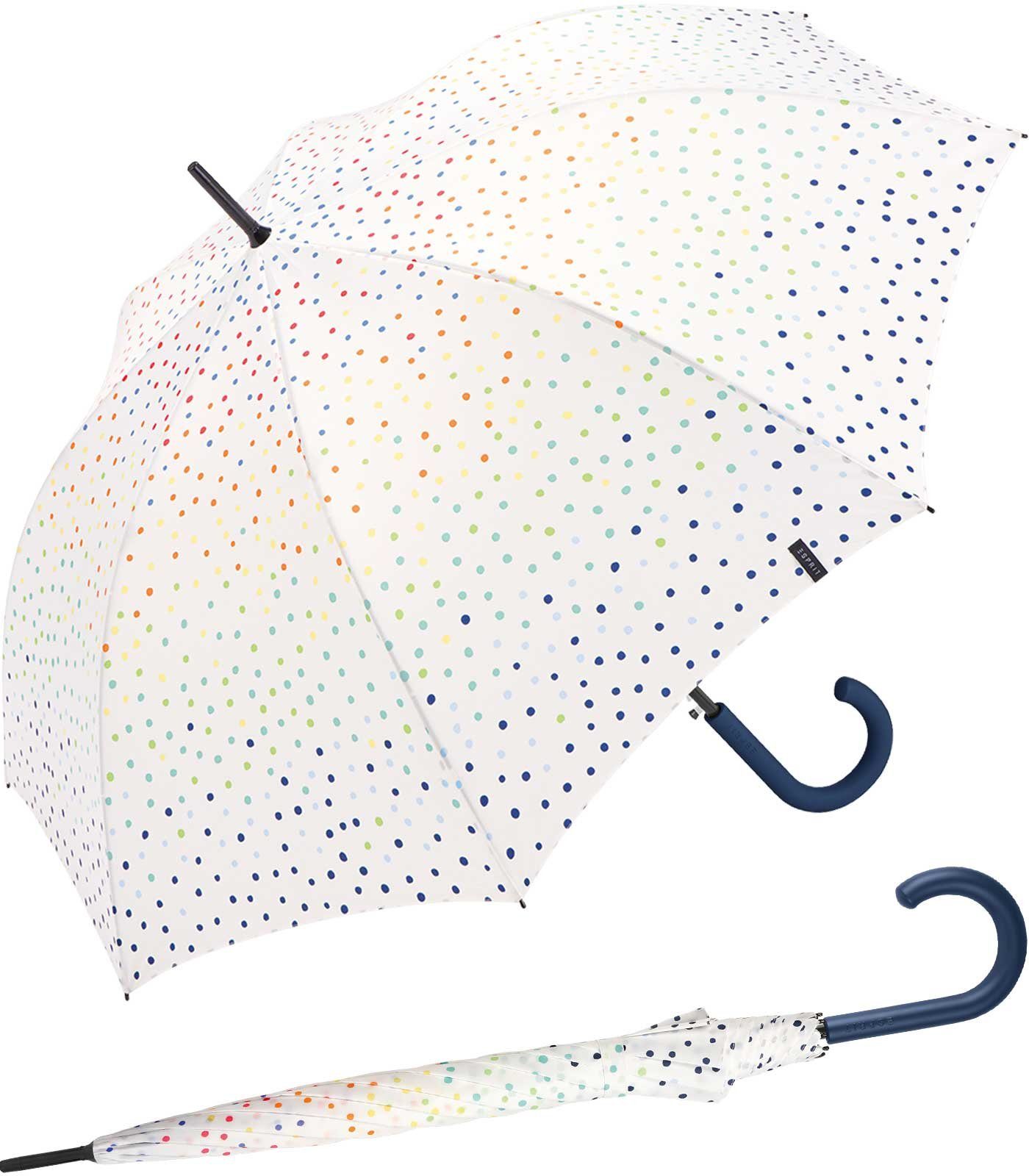 Esprit Langregenschirm Damen-Stockschirm groß und stabil mit Automatik, farbenfroh bedruckt mit kleinen Punkten