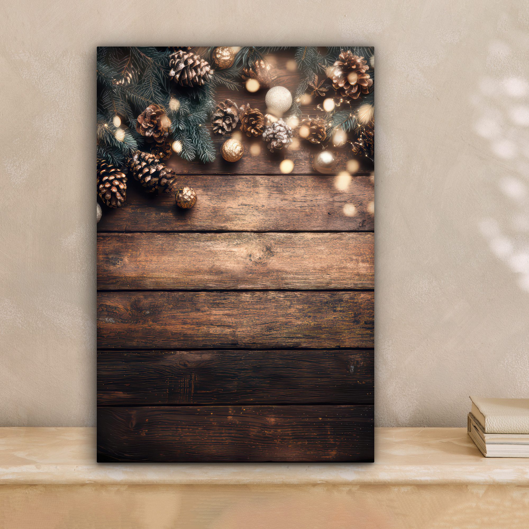 OneMillionCanvasses® Leinwandbild Weihnachtsdekoration - Holz - Tannenzapfe günstig online kaufen