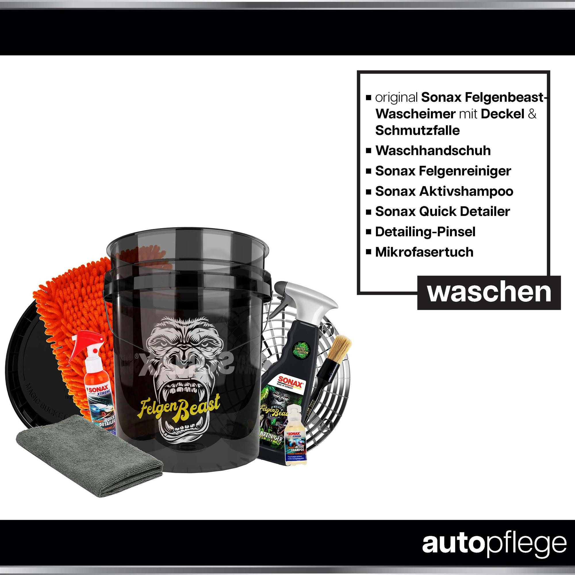 autopflege Reinigungs-Set Sonax Felgenreiniger Set Auto Wascheimer mit Zubehör, (9-St), Auto Wascheimer Set - mit Felgenreiniger, Versiegelung, Detailer
