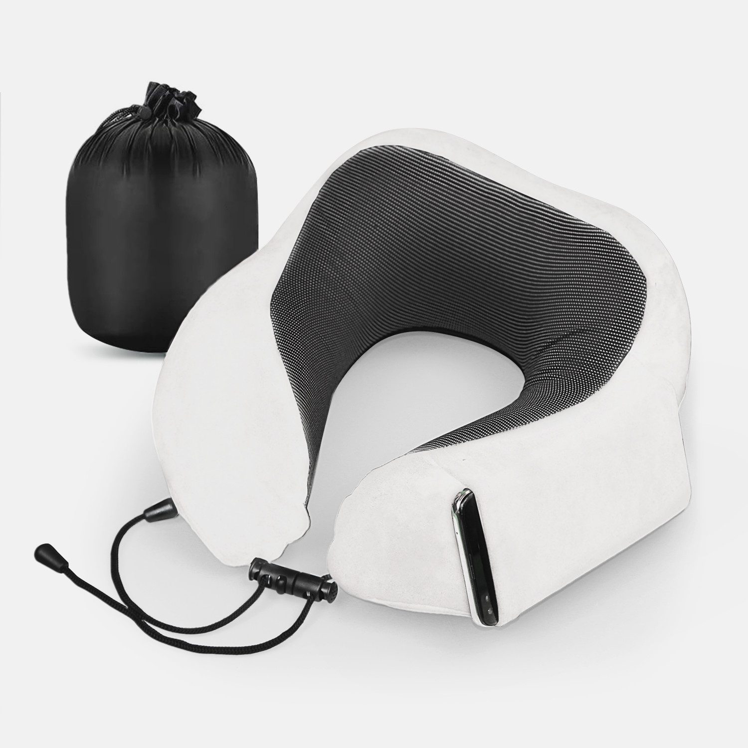 Cozyor Nackenstützkissen Memory Nackenkissen mit verstellbarem Verschluss + praktischer Tasche, Bezug: waschbarer Bezug, Rückenschläfer, Seitenschläfer, Bauchschläfer, Set, Nackenhörnchen zum Reisen, klein & kompakt, weiß Purity, auch im Reise-Set mit Reisedecke & Augenmaske erhältlich