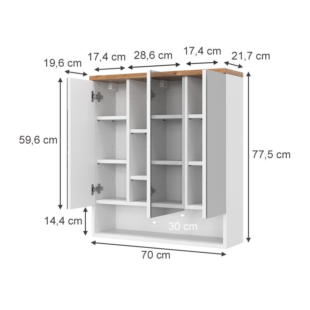 Vicco Badezimmerspiegelschrank Eden, Weiß Hochglanz/Artisan-Eiche, 70 x 77.5 cm mit 3 Türen (1-St)