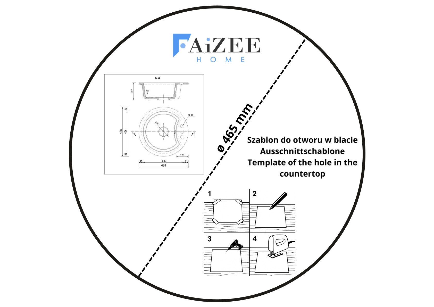 Faizee Home Granitspüle Granitspüle Vela Ø49cm verschiedene Farben mit o. ohne Armatur