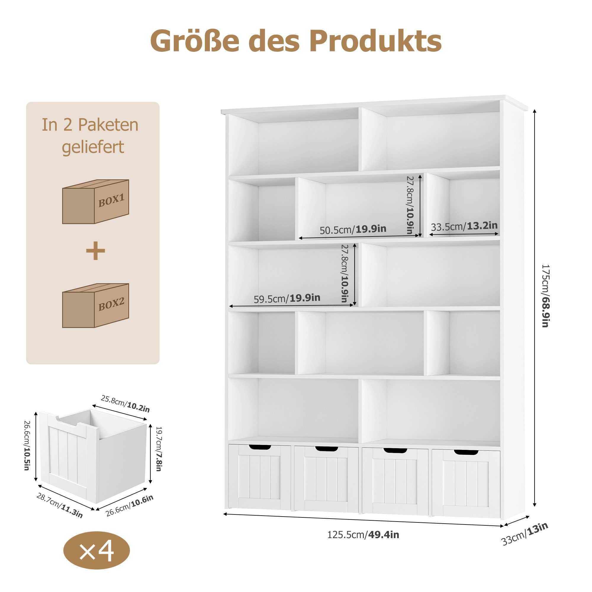 Homfa Kinderregal mit 4 Spielzeugkisten auf Rollen, Spielzeugregal mit 12 offenen Fächern Spielzeugtruhe 125x175x33cm weiß