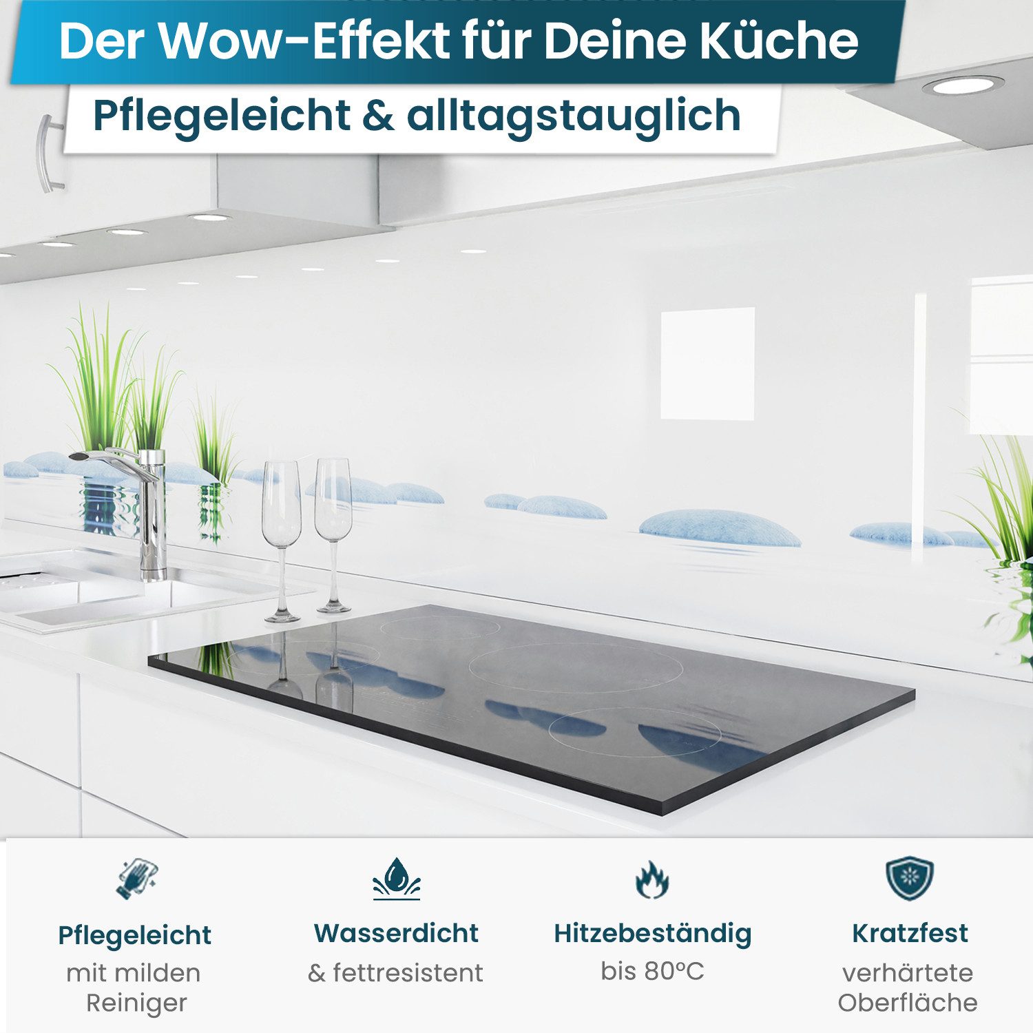 danario Küchenrückwand Folie selbstklebend, Glasoptik, Spritzschutz Küche, ablösbar - 0,8 mm
