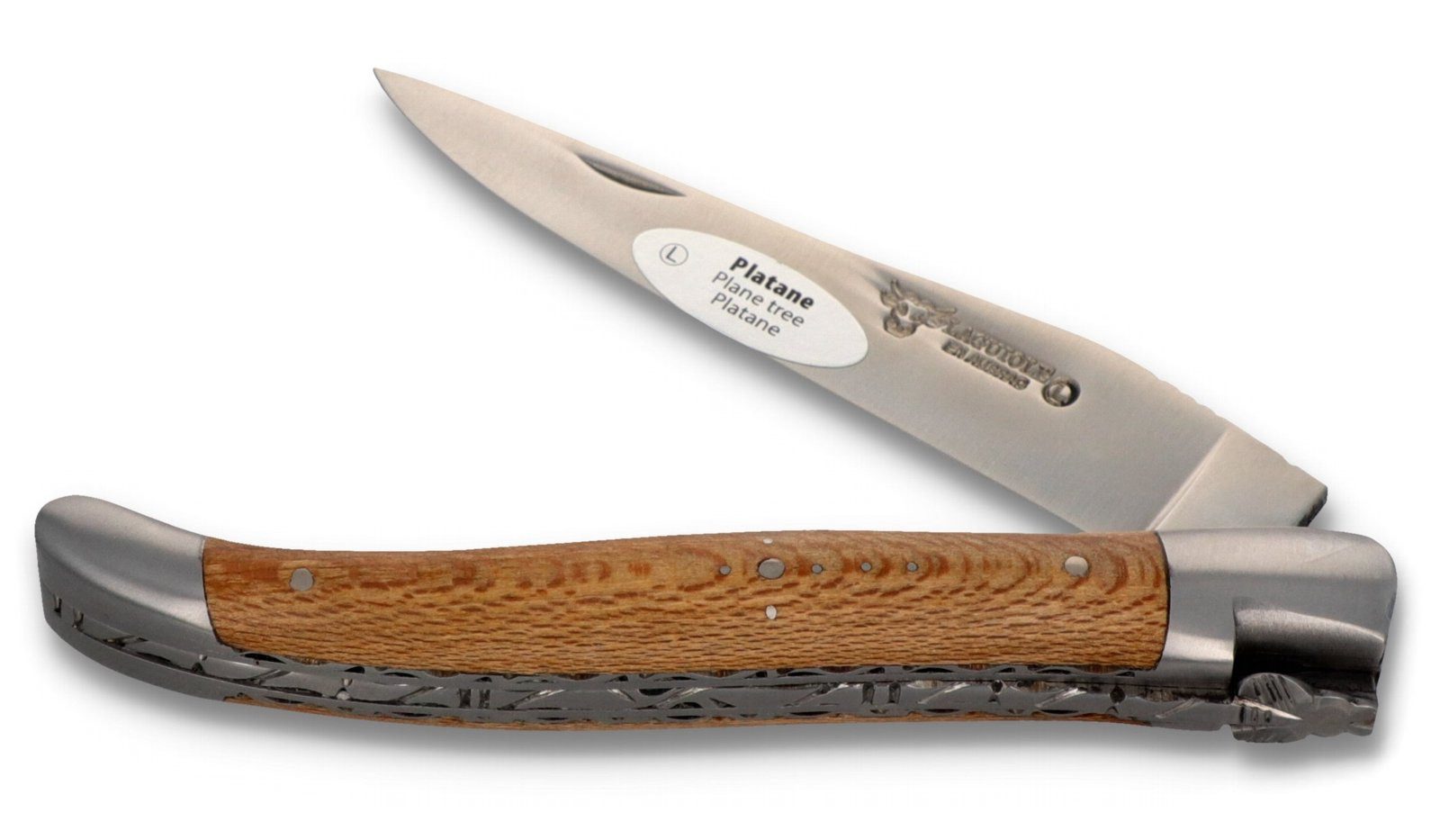 Laguiole en Aubrac Taschenmesser L0712PYNIF-SAT, Griff 12cm Platane - Feder verziert - Doppelplatine - Stahl satiniert