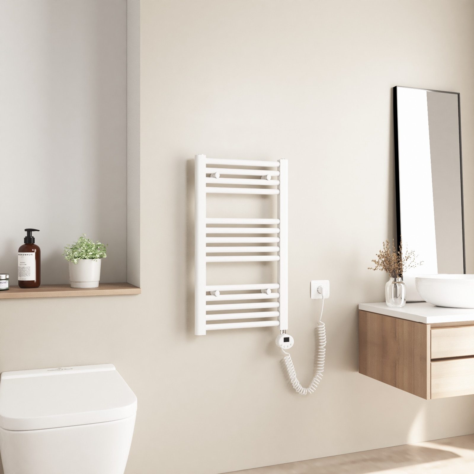 MEYKOERS Elektrischer Badheizkörper Gerade Badheizkörper Elektrischer mit Thermostat und Timer-Funktion, Heizkörper Badheizkörper elektrisch mit Heizstab / Timer / Thermostat