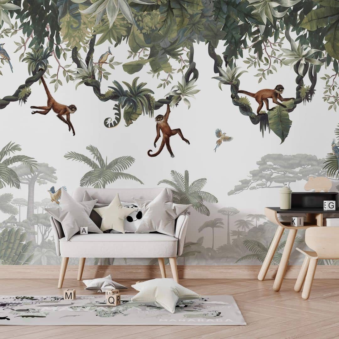 K&L Wall Art Fototapete Fototapete Baby Kinderzimmer Vliestapete Freche Äffchen Dschungel Affe, große XXL Motivtapete