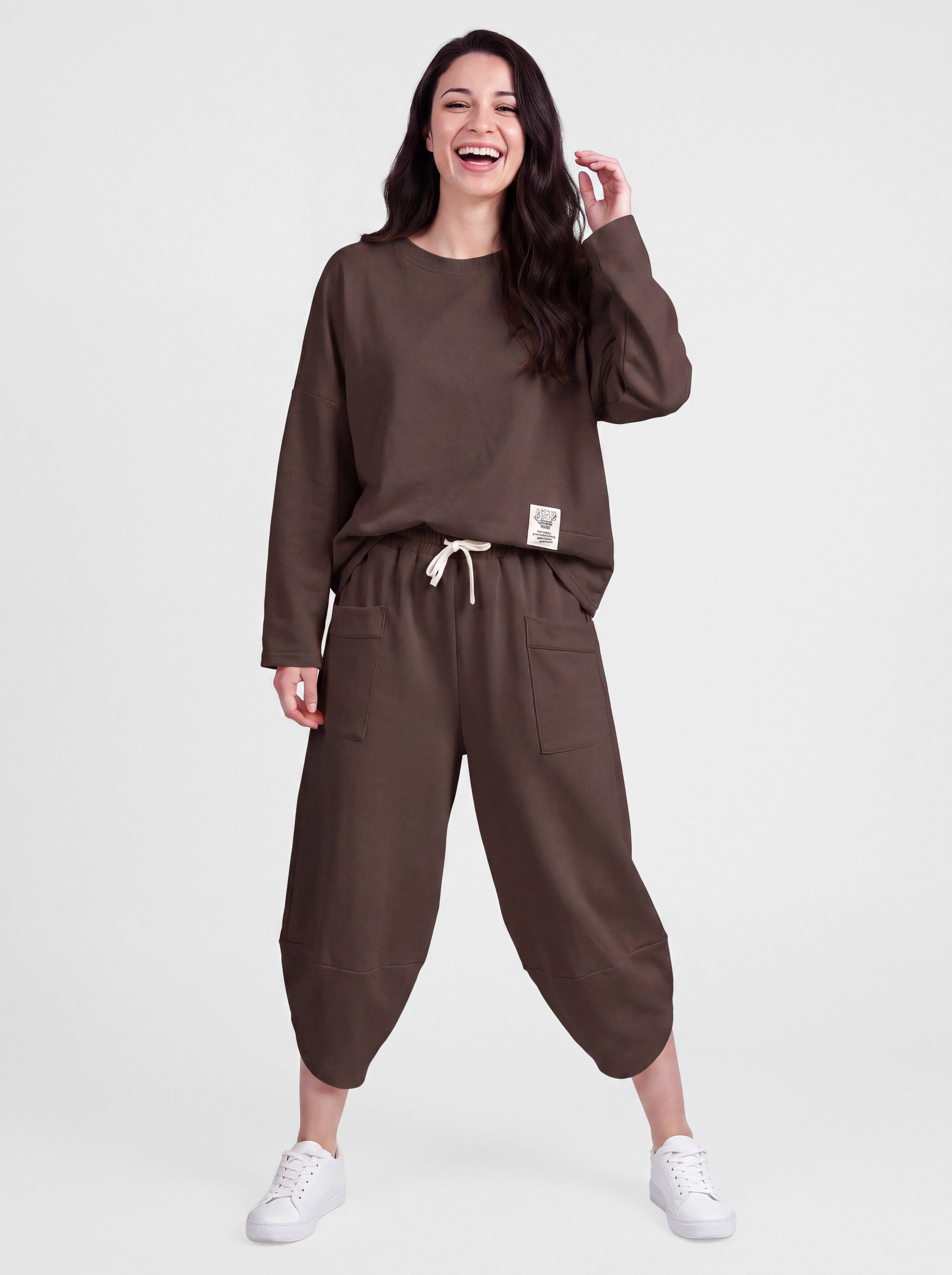 PEKIVESSA Jogginganzug Oversized Jersey-Sweatanzug Set mit 7/8-Hose (2-tlg), weicher Jersey Sweatshirt & Sweatpants 2-tlg.