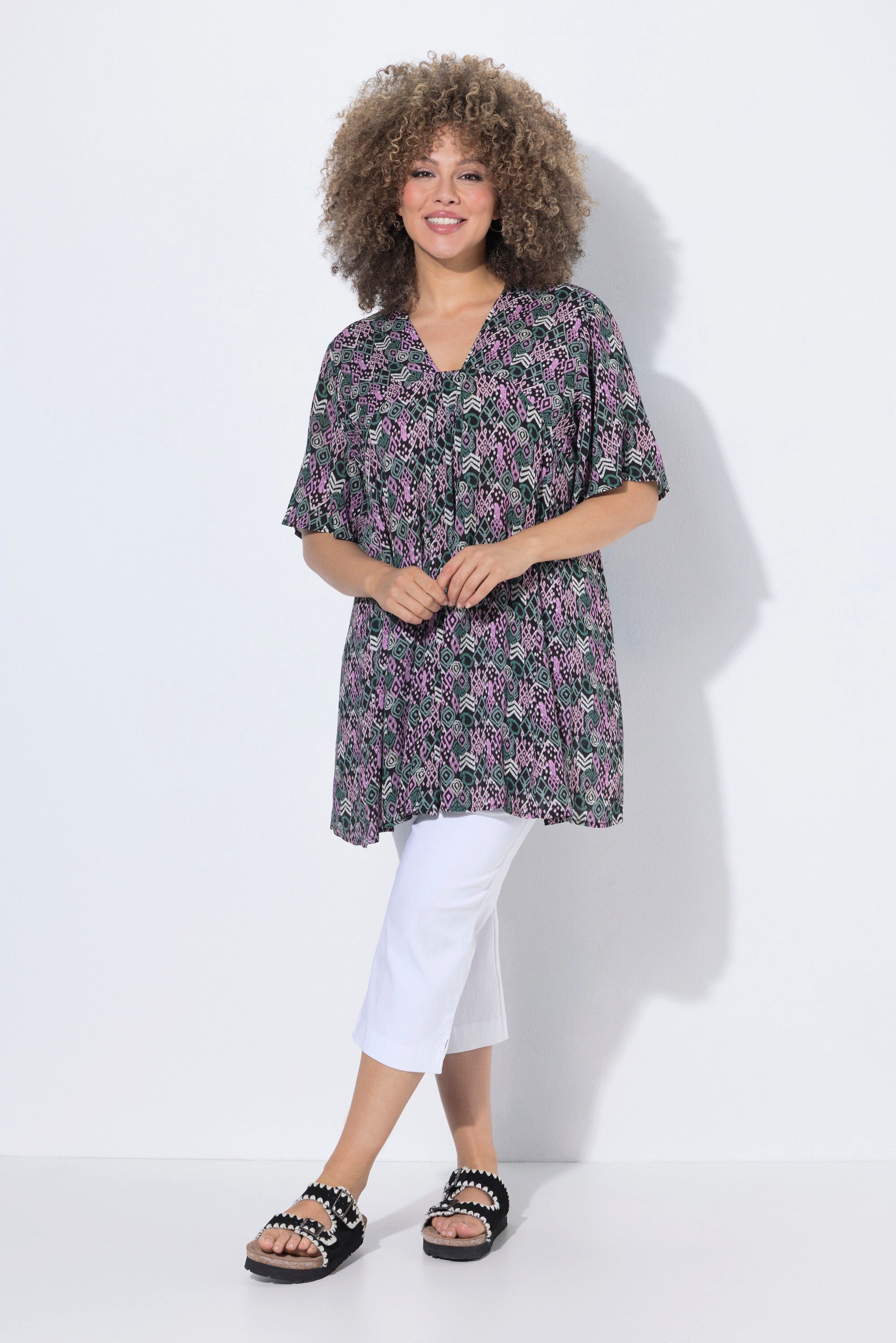 Ulla Popken Longbluse Bluse Zierfalten A-Linie Carré-Ausschnitt