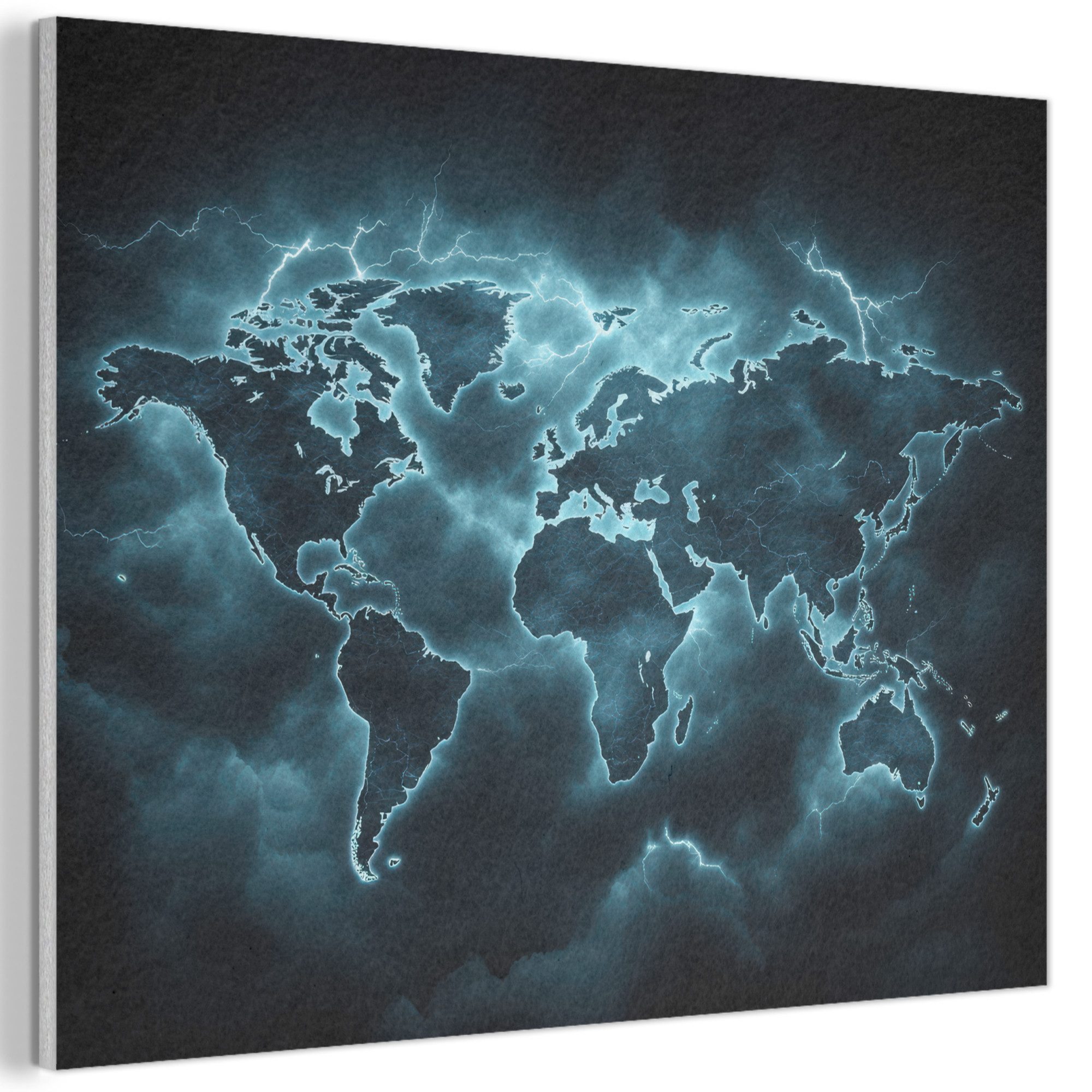 MuchoWow Gemälde Weltkarte - Blitz - Blau, Fotodruck (1 St), Akustikpaneele PET-Filz, Akustikbild, Schalldämmung, Deko 40x30 cm