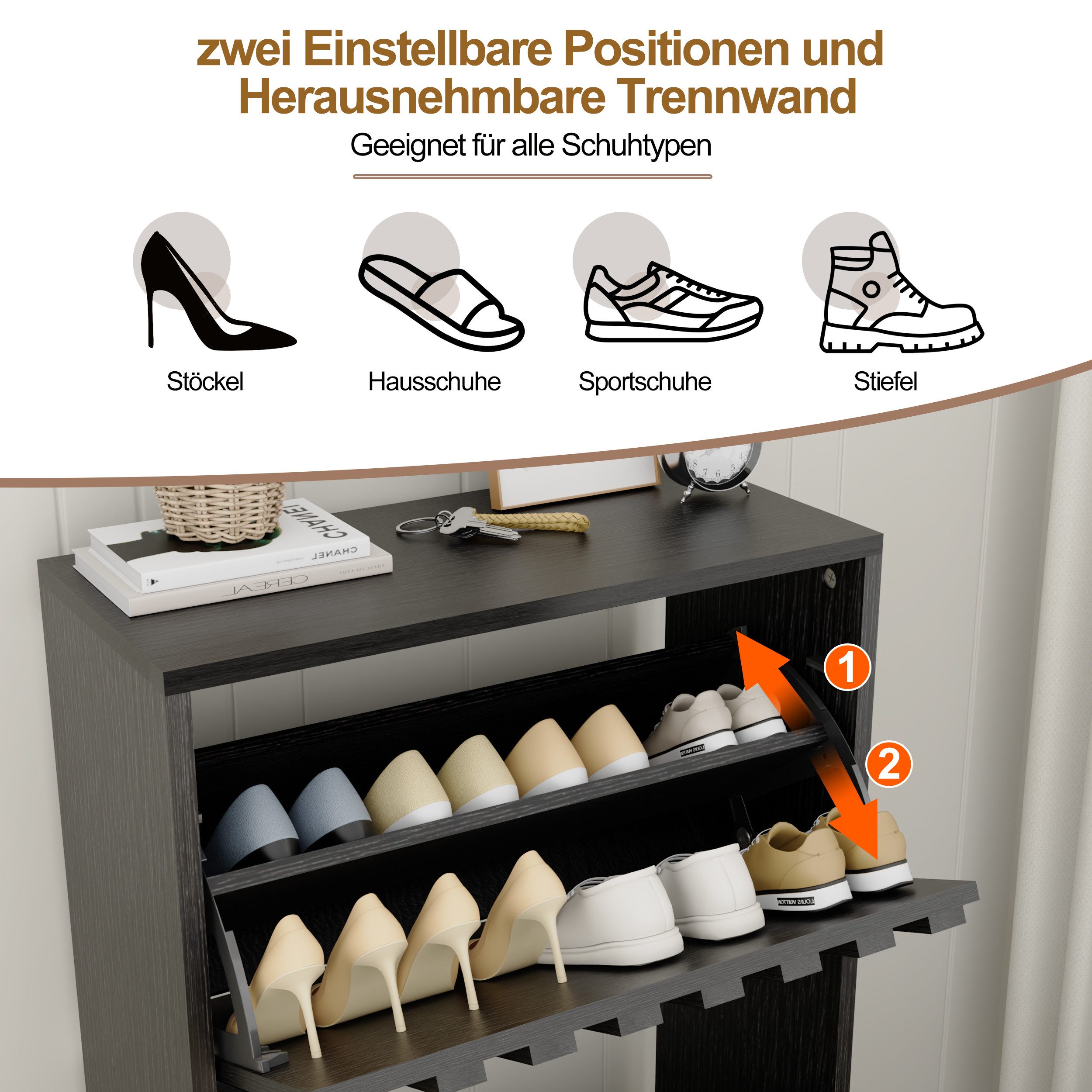 UEV Schuhschrank mit 2 Klappen Schuhregal Schukipper schmal 24CM tief (Anti-Kipp-Vorrichtung für Eingangsbereich, Modern Schuhaufbewahrung mit Oberplatte Platzs – Bild 4 von 5