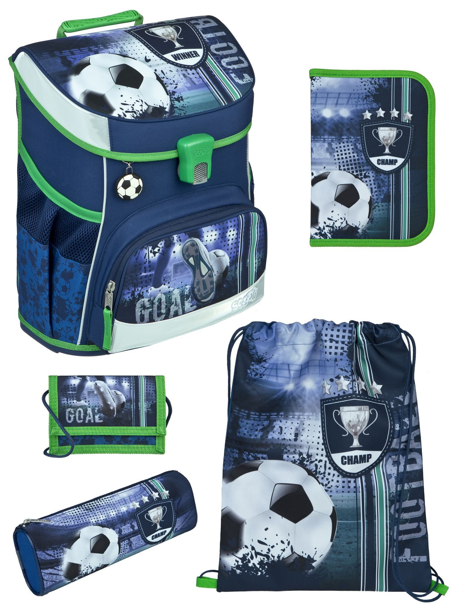 Scooli Schulranzen Campus Fit Fussball Schultasche, Soccer blau, ab 1. Klasse (Grund-Set, 5-tlg., mit gefüllter Federmappe, Turn- & Geldbeutel), kompakt, leicht, robust