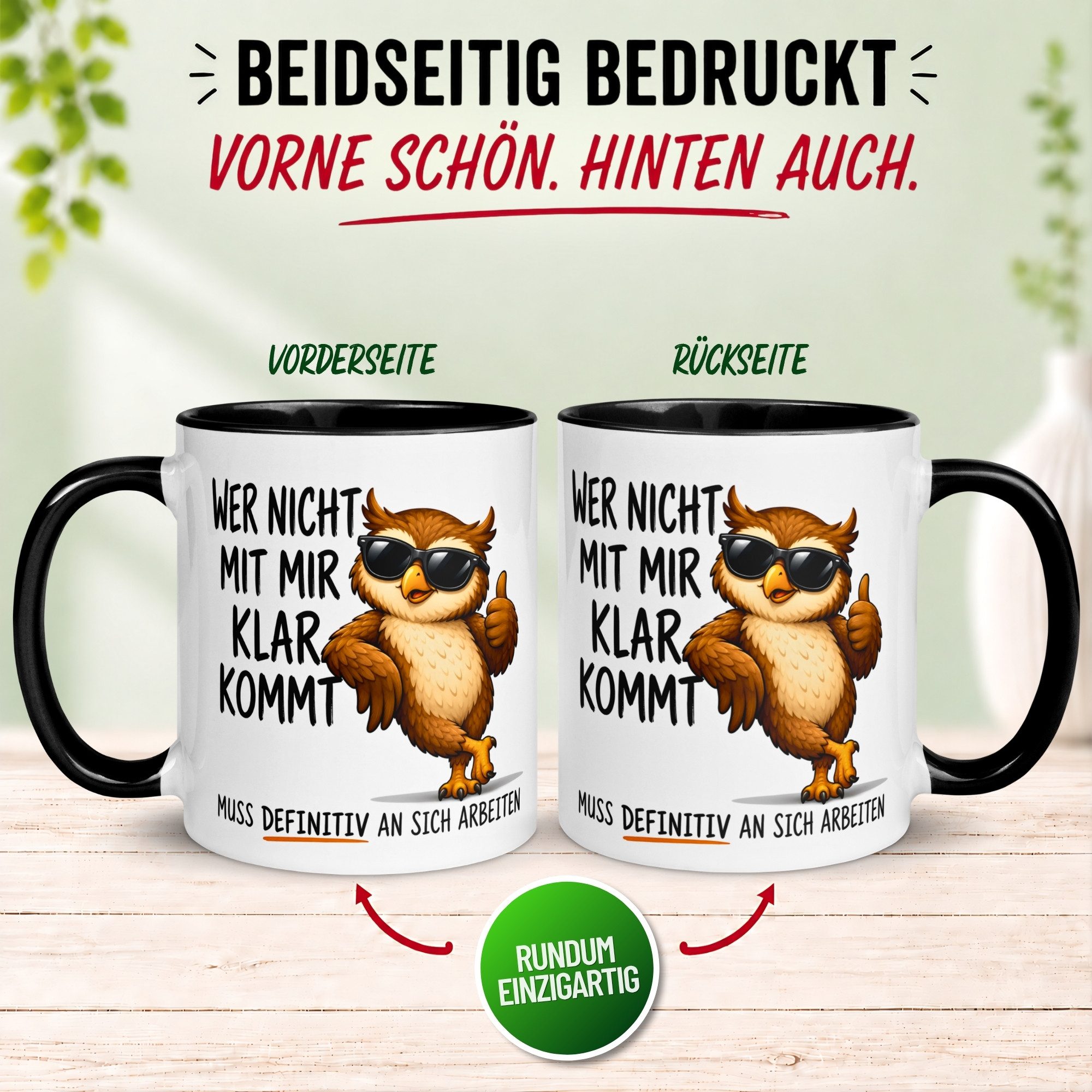 Momentals Tasse Eule – „Wer nicht mit mir klar kommt“ – Eulen Geschenk Becher, Gratis Versand · Links-&Rechtshänder · Spülmaschinenfest – Bild 4 von 5