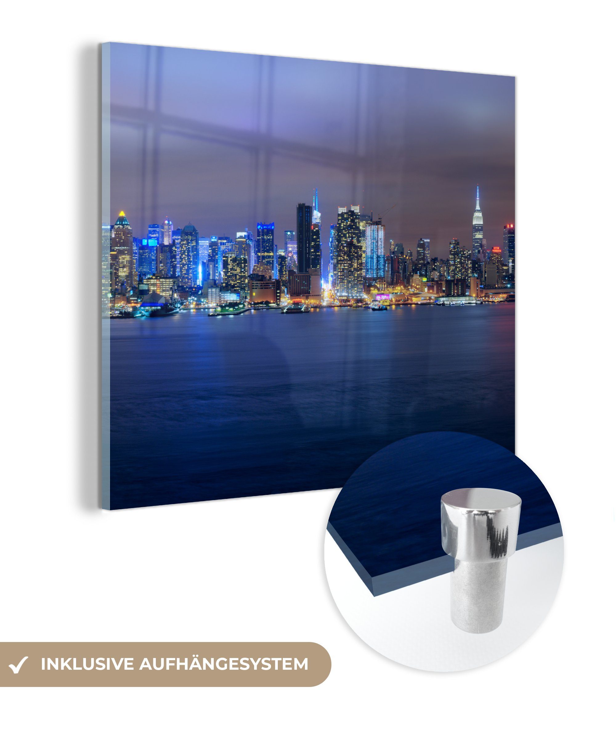 MuchoWow Acrylglasbild New York - Skyline - Nacht, (1 St), Glasbilder - Bilder auf Glas Wandbild - Foto auf Glas - Wanddekoration bunt
