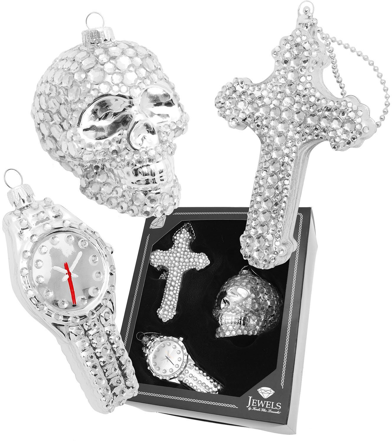 Krebs Glas Lauscha Christbaumschmuck Glasornamente Set "Sub Culture Xmas", mit Strassteinen, 8 cm bis 13 cm (3-tlg), Weihnachtsdeko, Weihnachtsbaumkugel, Christbaumkugeln aus Glas