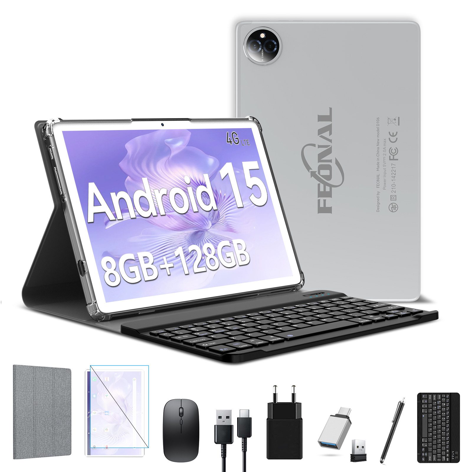FEONAL 2-in-1-Tablet, 6 GB + 8GB RAM+128GB ROM (Erweiterbar auf 1TB) Tablet (10.1", 128 GB, Android 15, Dual-4G-Mobilfunk, Bluetooth 5.0, Tablet Pcs mit Tastatur, Maus und Stift, 8MP + 13MP)