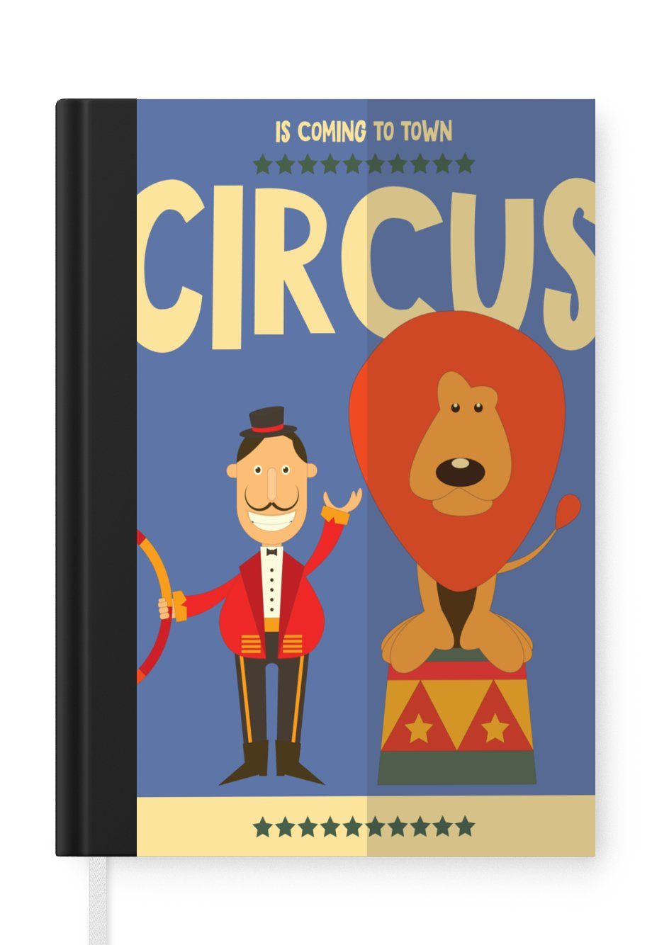 MuchoWow Notizbuch "Der Zirkus kommt in die Stadt" mit einem Löwen auf blauem Hintergrund, Journal, Merkzettel, Tagebuch, Notizheft, A5, 98 Seiten, Haushaltsbuch