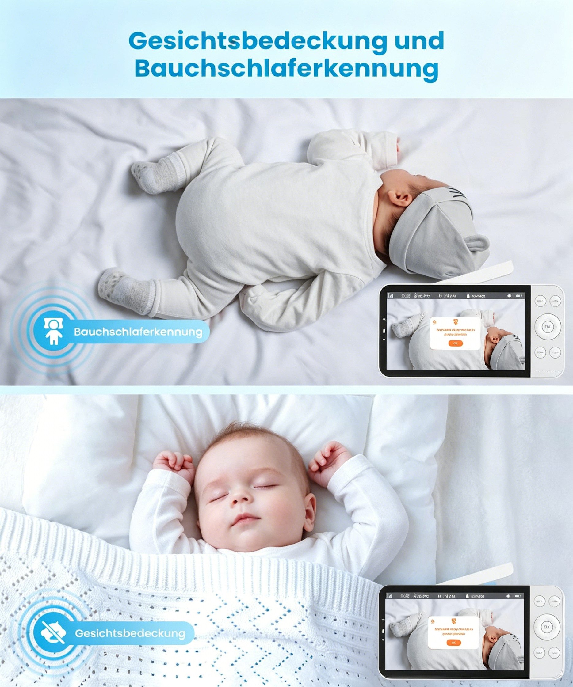 Boifun Video-Babyphone Babyphone mit Kamera 2,5K/4MP, 5,5 Zoll WLAN Video babyfone, unterstützt 2,4 GHz und 5 GHz PTZ 360°, 1-tlg., Intelligentes Nachtlicht, Au – Bild 5 von 5