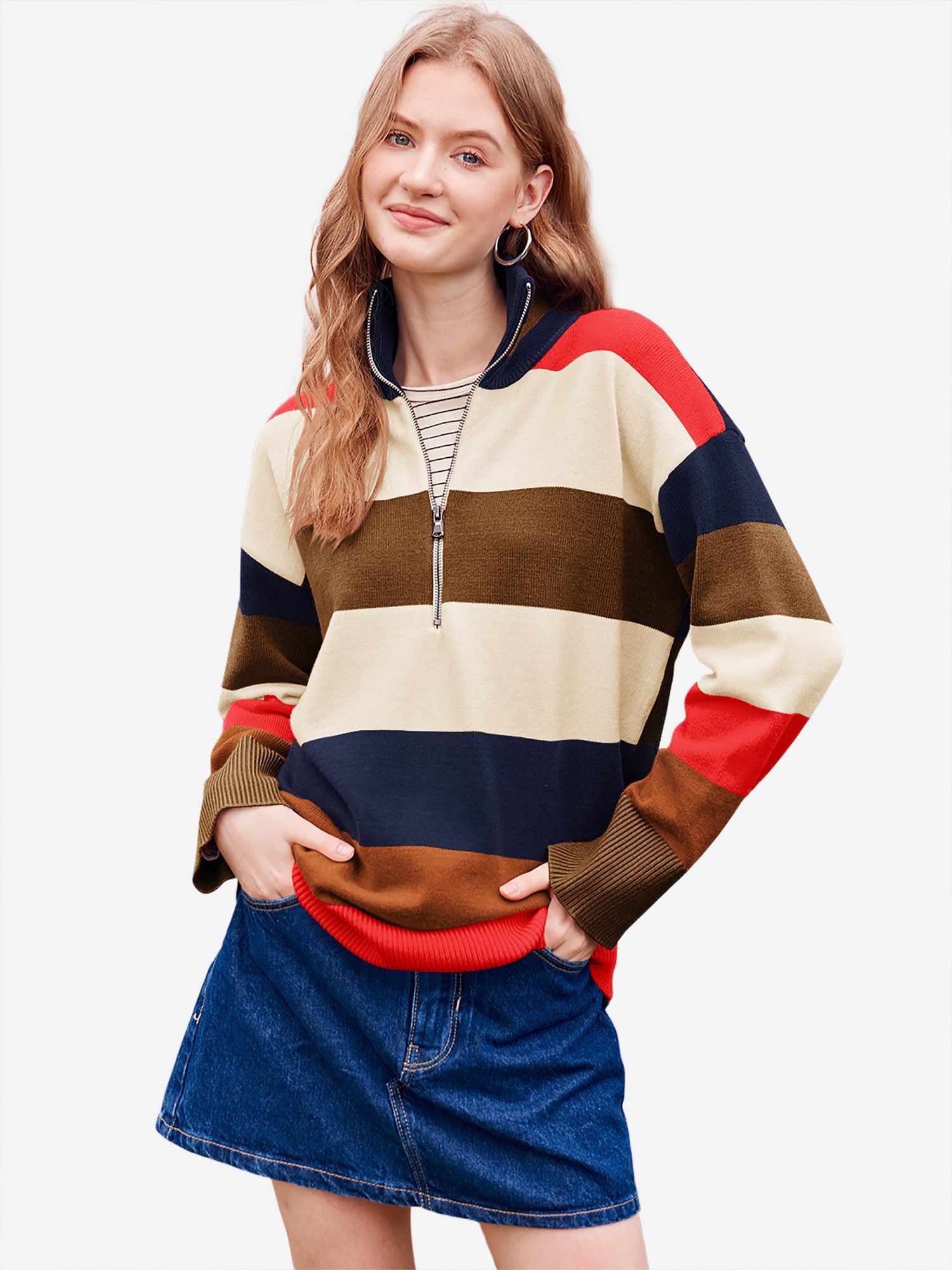 Imily Bela Sweater Damen Oversize Strickpullover mit Streife (Packung, 1-tl günstig online kaufen