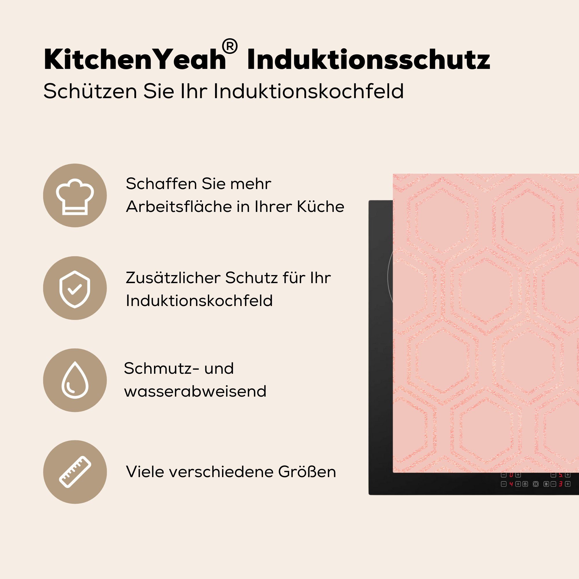 MuchoWow Herdblende-/Abdeckplatte 78x78 Vinyl, (1 Muster - tlg), Arbeitsplatte cm, für - Sechseck, Ceranfeldabdeckung, Rosa küche