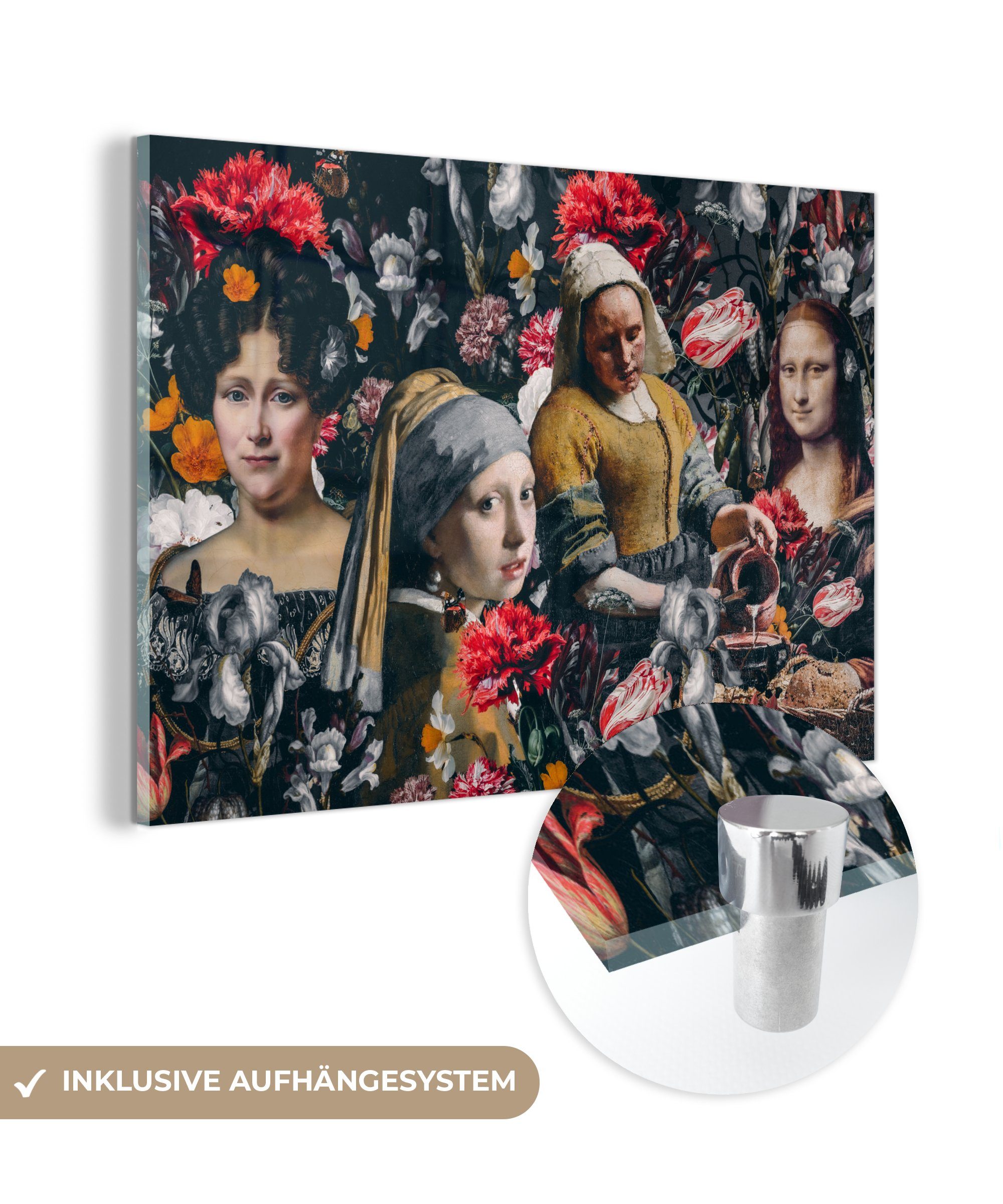 MuchoWow Acrylglasbild Malerei - Collage - Alte Meister - Blumen, (1 St), Acrylglasbilder Wohnzimmer & Schlafzimmer bunt