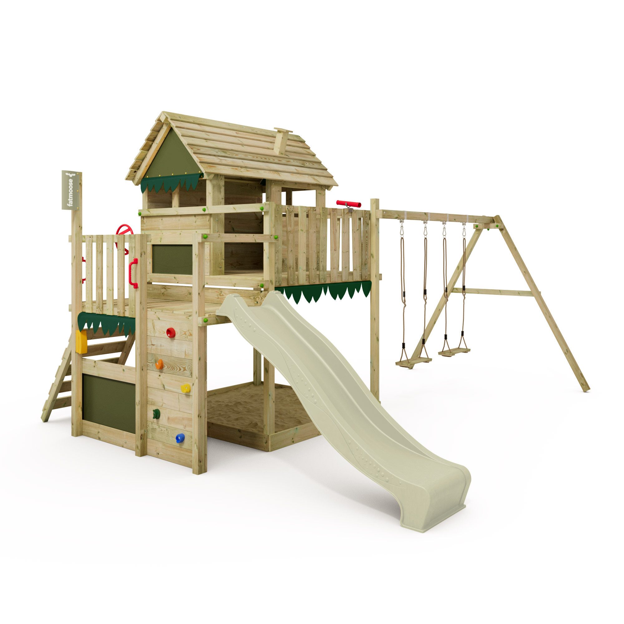 FATMOOSE Spielturm MightyMansion Move XXL Stelzenhaus mit Rutsche & Schaukel, 10 Jahre Garantie*, großes Spielhaus, großer Sandkasten
