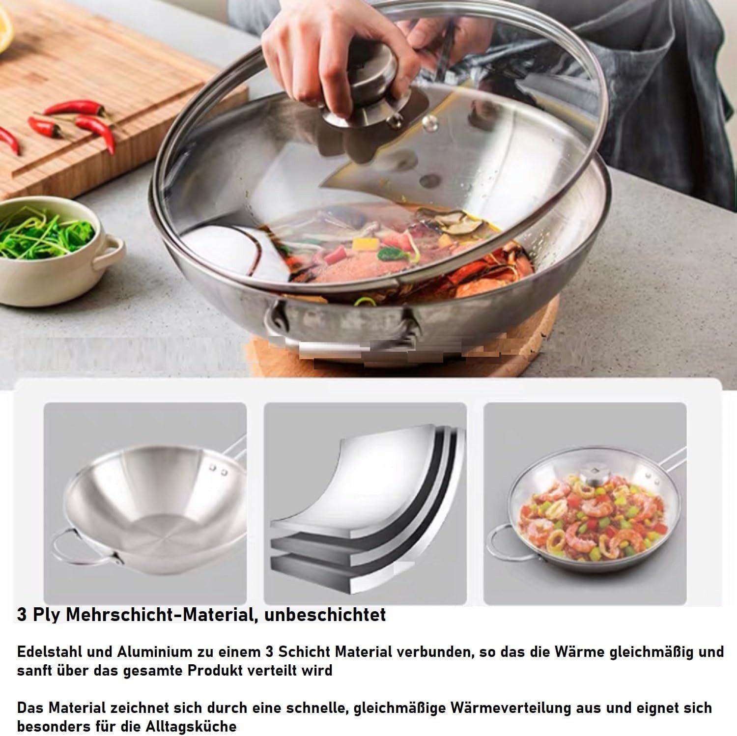Zwilling Wok Twin Nova 3, Edelstahl, Wokpfanne, 30cm, mit Glasdeckel, Edelstahl, unbeschichtet, Induktion