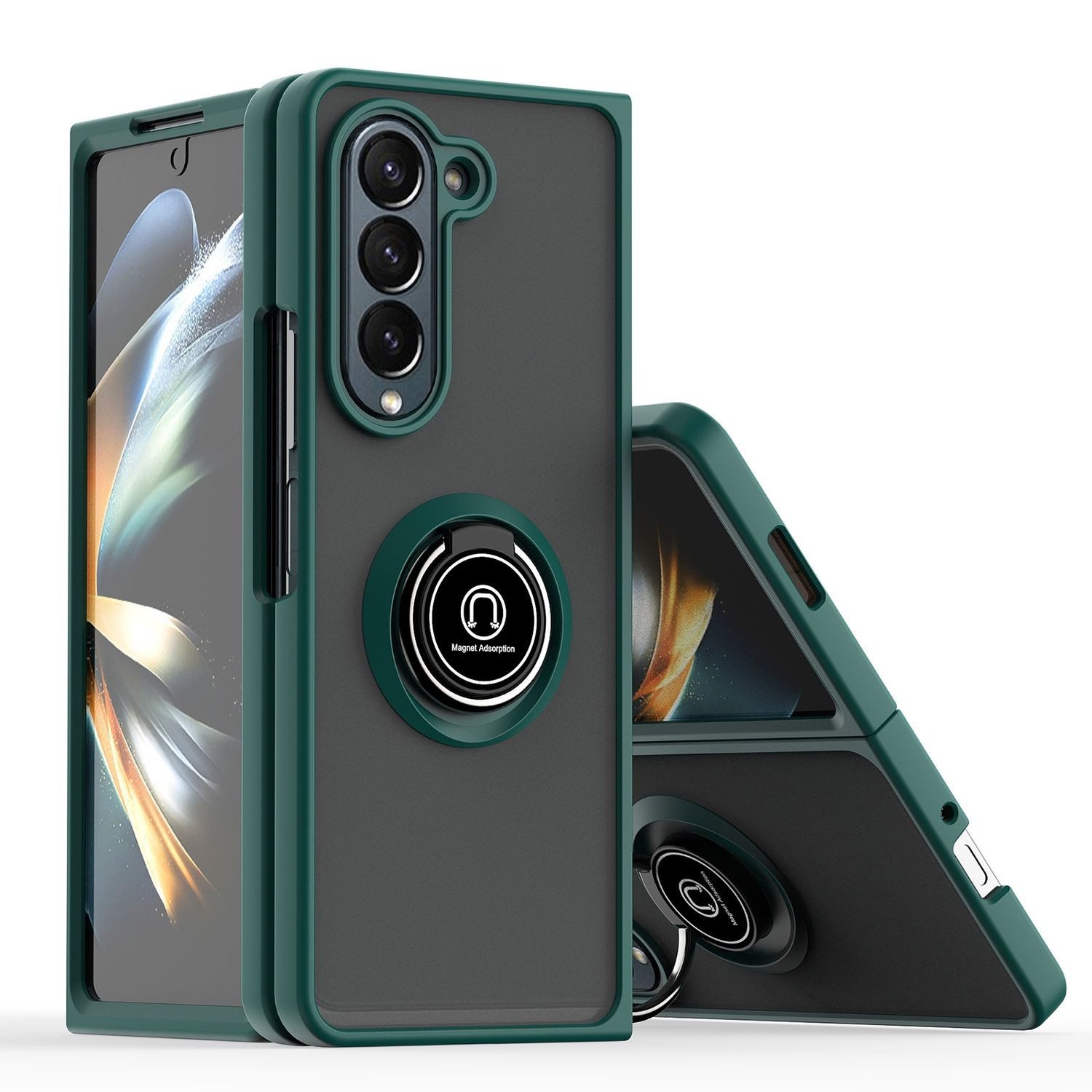 Wigento Handyhülle Für Samsung Galaxy Z Fold6 Shadow Design TPU PC Hülle Ring Dunkelgrün, Ring Halterung Schutzhülle