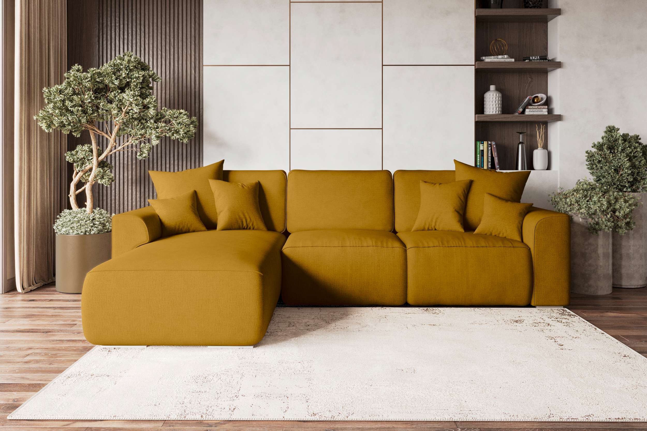 99rooms Ecksofa Gusto, L-Form, Eckcouch, mit abnehmbaren Kissen, Rundumbezug aus gepolstertem Velours MONOLITH