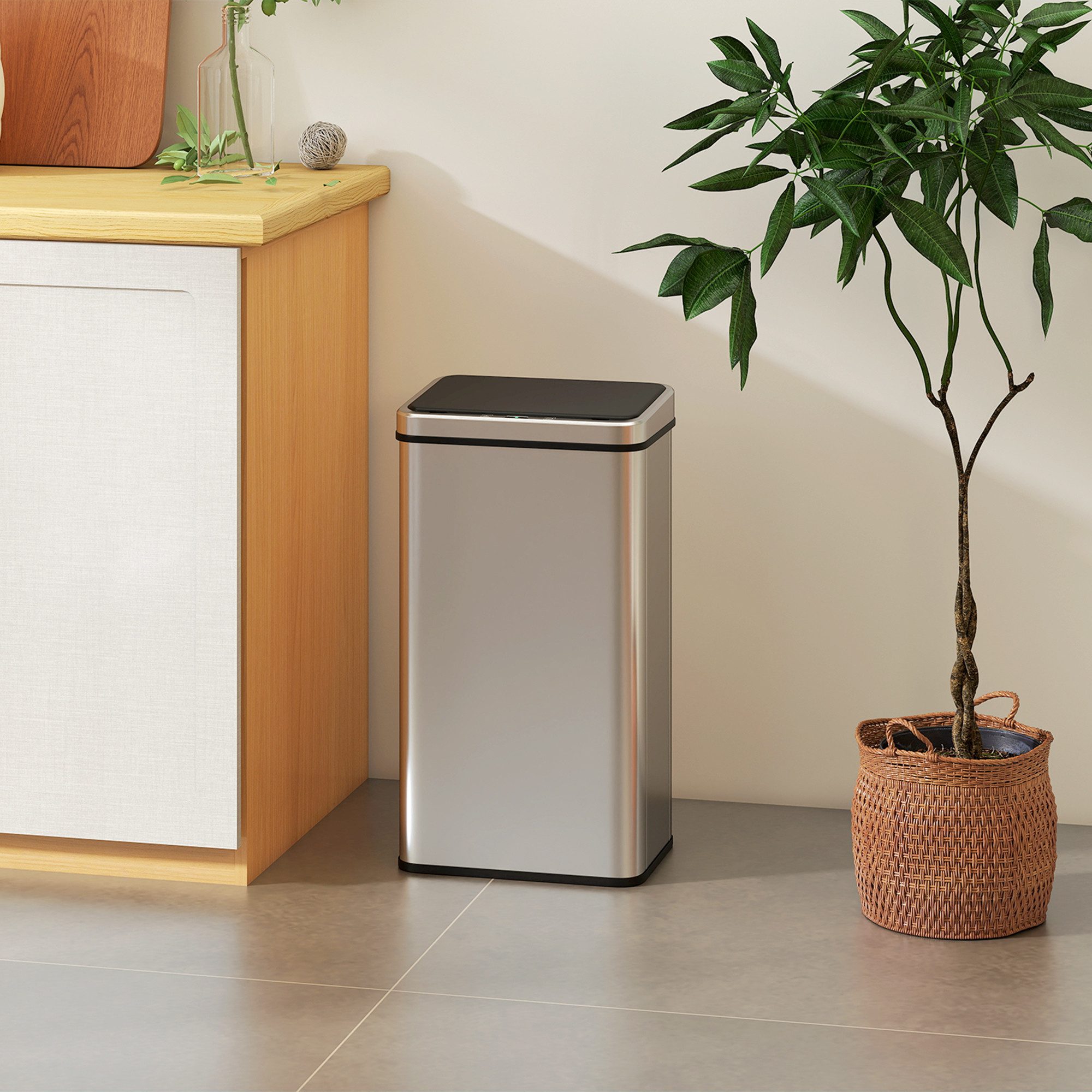HOMCOM Mülleimer Sensor Soft-Close-Deckel Bewegungssensor fingerabdrucksicherer, aus Edelstahl für Büro Schlafzimmer Küchen Silber