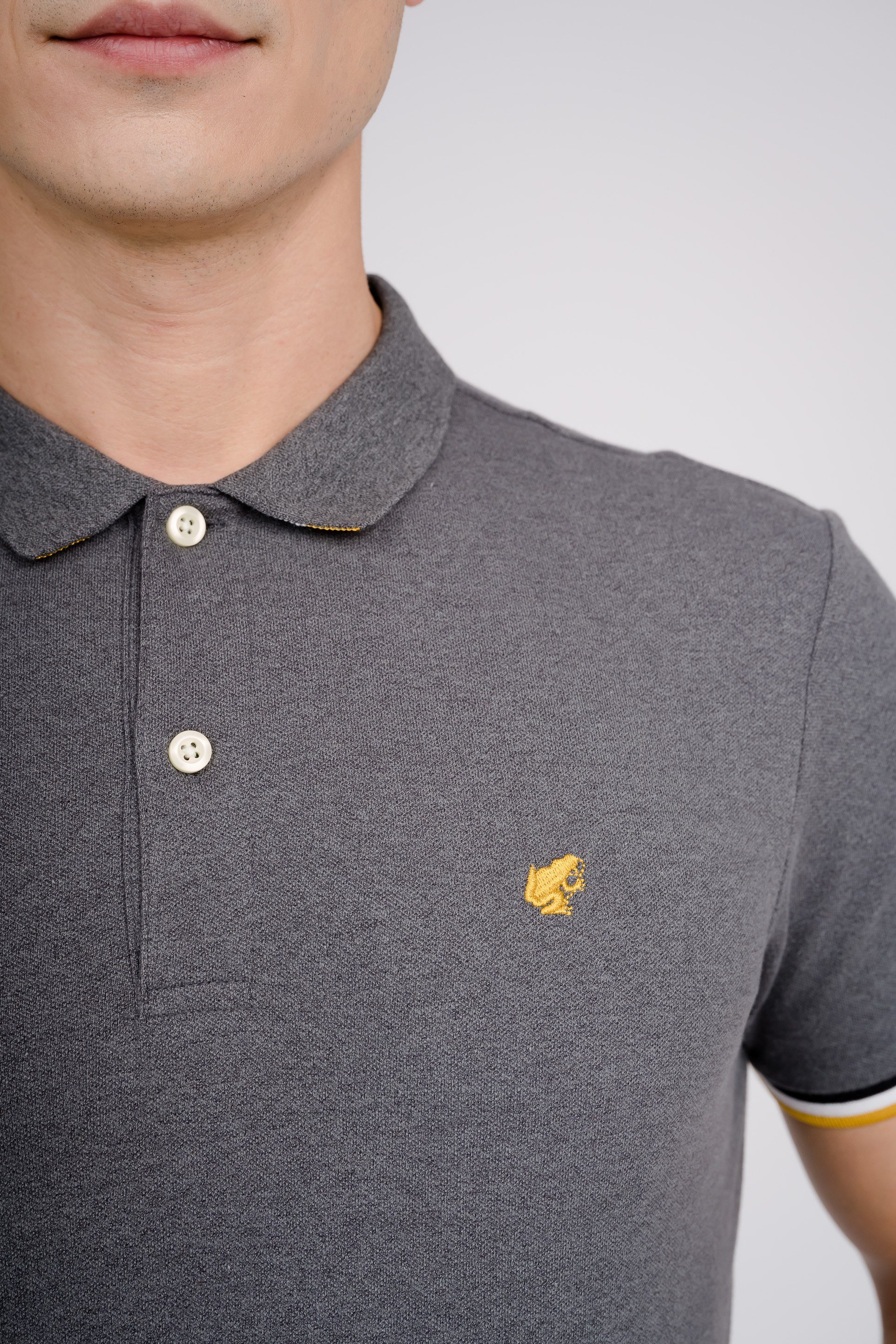 dunkelgrau-meliert Poloshirt kleiner GIORDANO Frosch-Stickerei mit