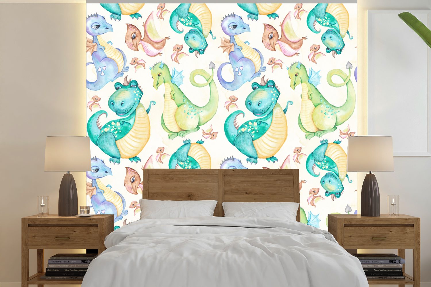 MuchoWow Fototapete Dinosaurier - Aquarell - Kinder - Kinder - Kinder, Matt, bedruckt, (5 St), Vinyl Tapete für Wohnzimmer oder Schlafzimmer, Wandtapete