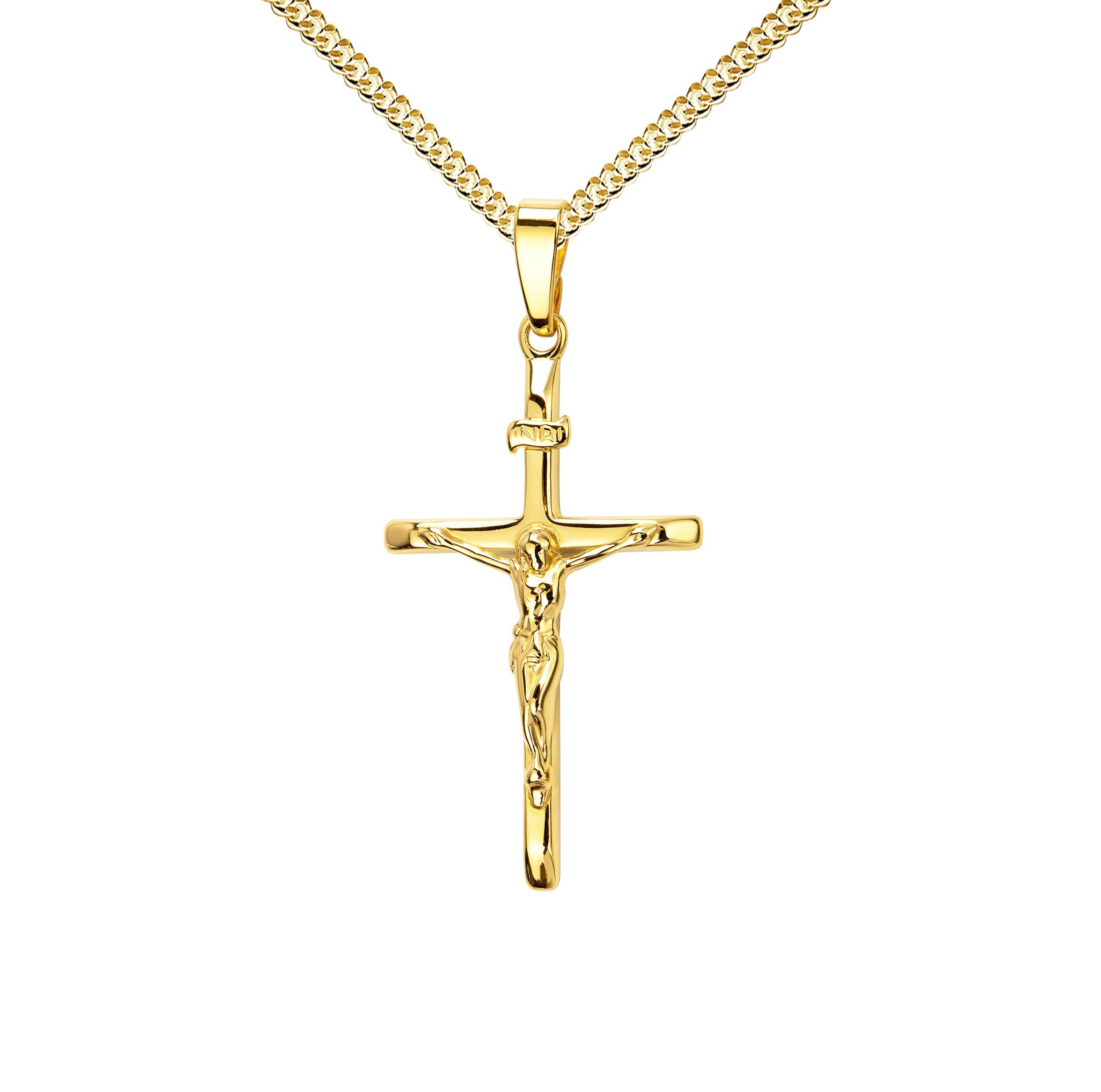 JEVELION Kreuzkette Kruzifix Kreuzanhänger 333 Gold - Made in Germany (Goldkreuz, für Damen und Herren), Mit Kette vergoldet- Länge wählbar 36 - 70 cm oder ohne Kette.