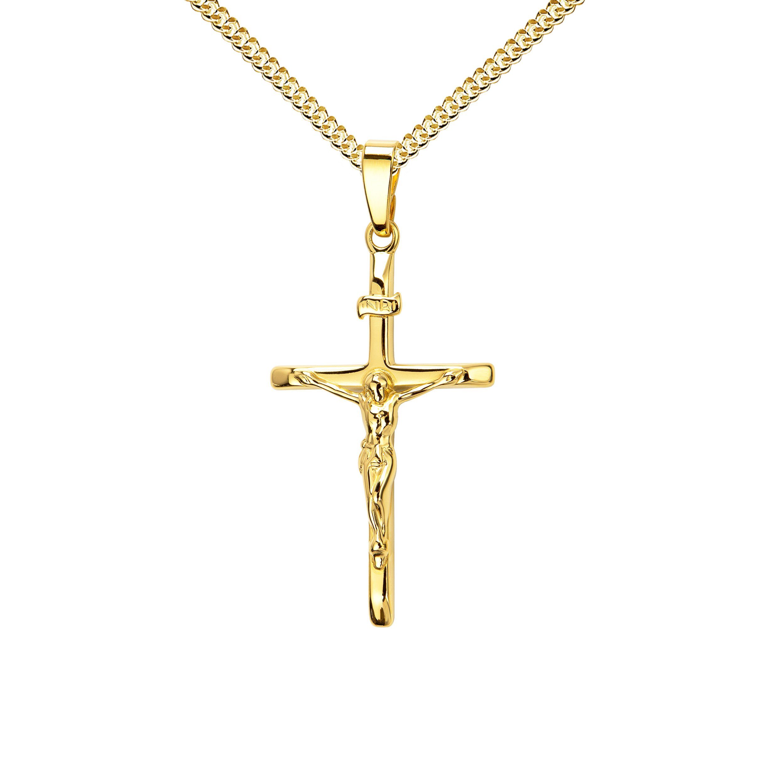 JEVELION Kreuzkette Kruzifix Kreuzanhänger 585 Gold - Made in Germany (Goldkreuz, für Damen und Herren), Mit Kette vergoldet- Länge wählbar 36 - 70 cm oder ohne Kette.