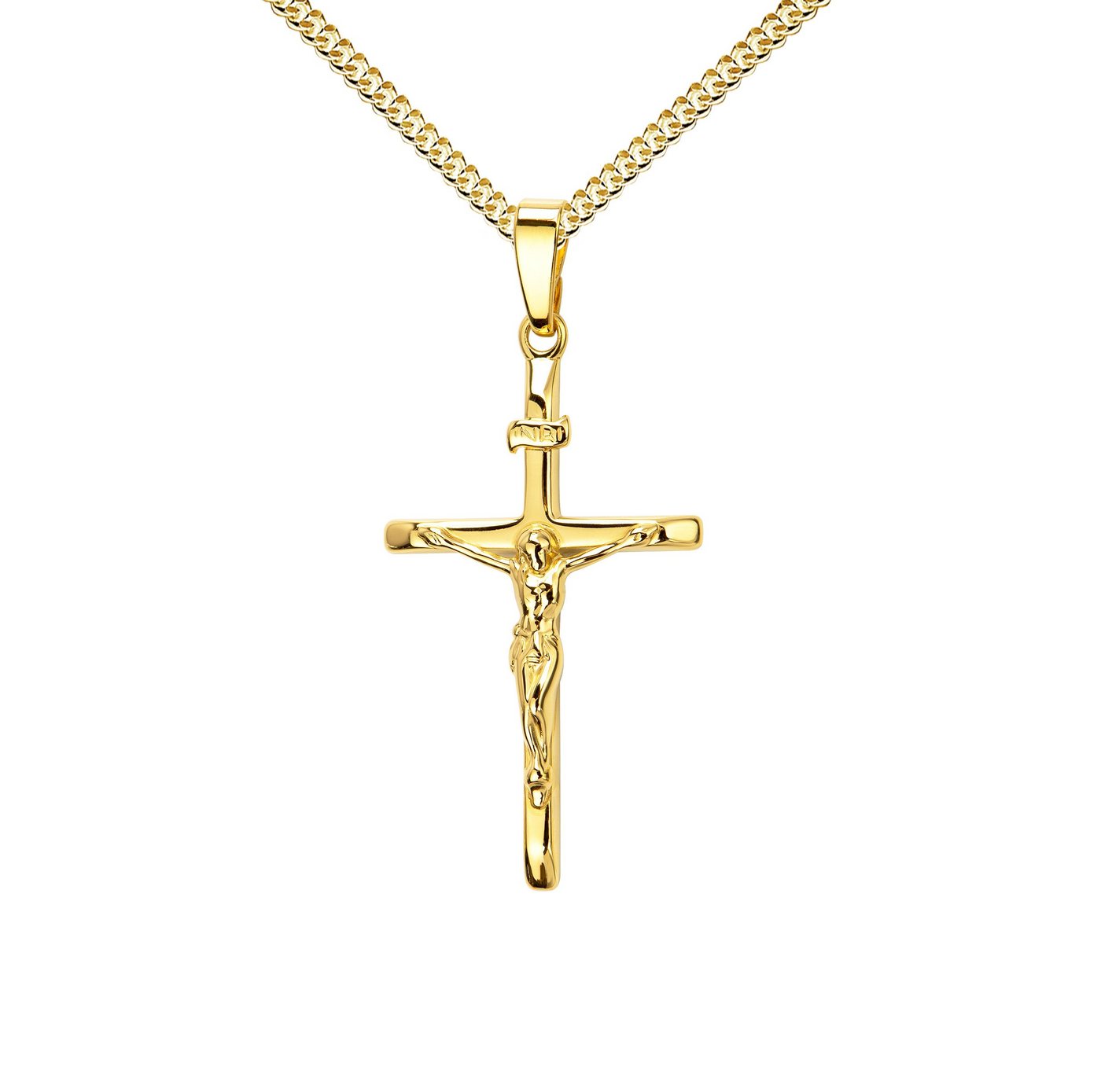 JEVELION Kreuzkette Kruzifix Kreuzanhänger 333 Gold - Made in Germany (Goldkreuz, für Damen und Herren), Mit Kette vergoldet- Länge wählbar 36 - 70 cm oder ohne Kette.