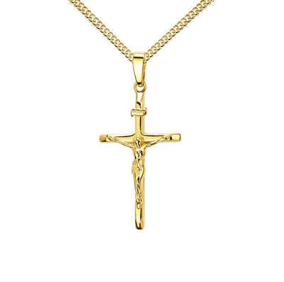 JEVELION Kreuzkette Kruzifix Kreuzanhänger 333 Gold - Made in Germany (Goldkreuz, für Damen und Herren), Mit Kette vergoldet- Länge wählbar 36 - 70 cm oder ohne Kette.