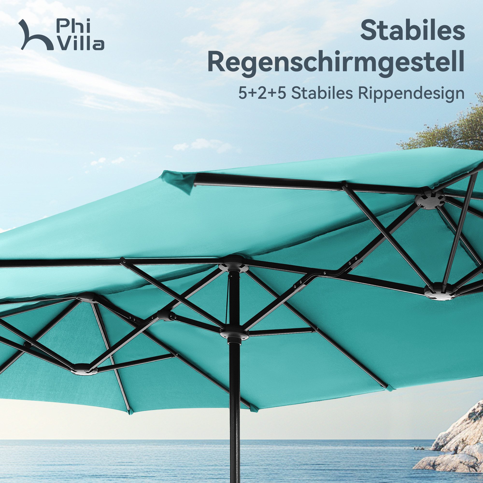 PHI VILLA Sonnenschirm, Balkon Rechteckig Groß Balkonschirm Garten Gartenschirm mit Kurbel UV Schutz Parasol Windfest, Mit der rostfreien Stahlstange und 12 Stahlrippen