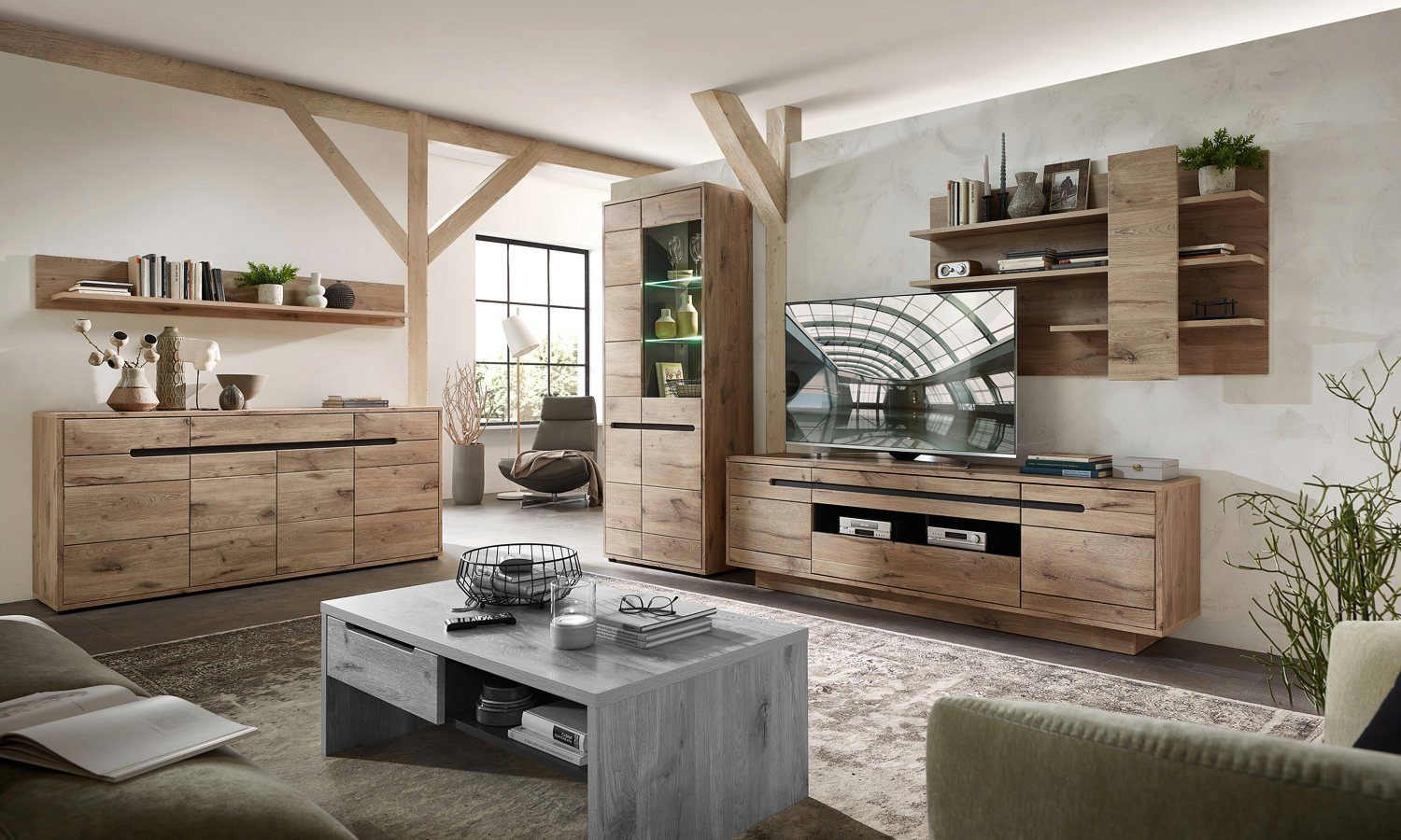 moebel-dich-auf Wohnwand BELLINZONA, (Wohnzimmer-Set, Vitrine + Wandboard + günstig online kaufen