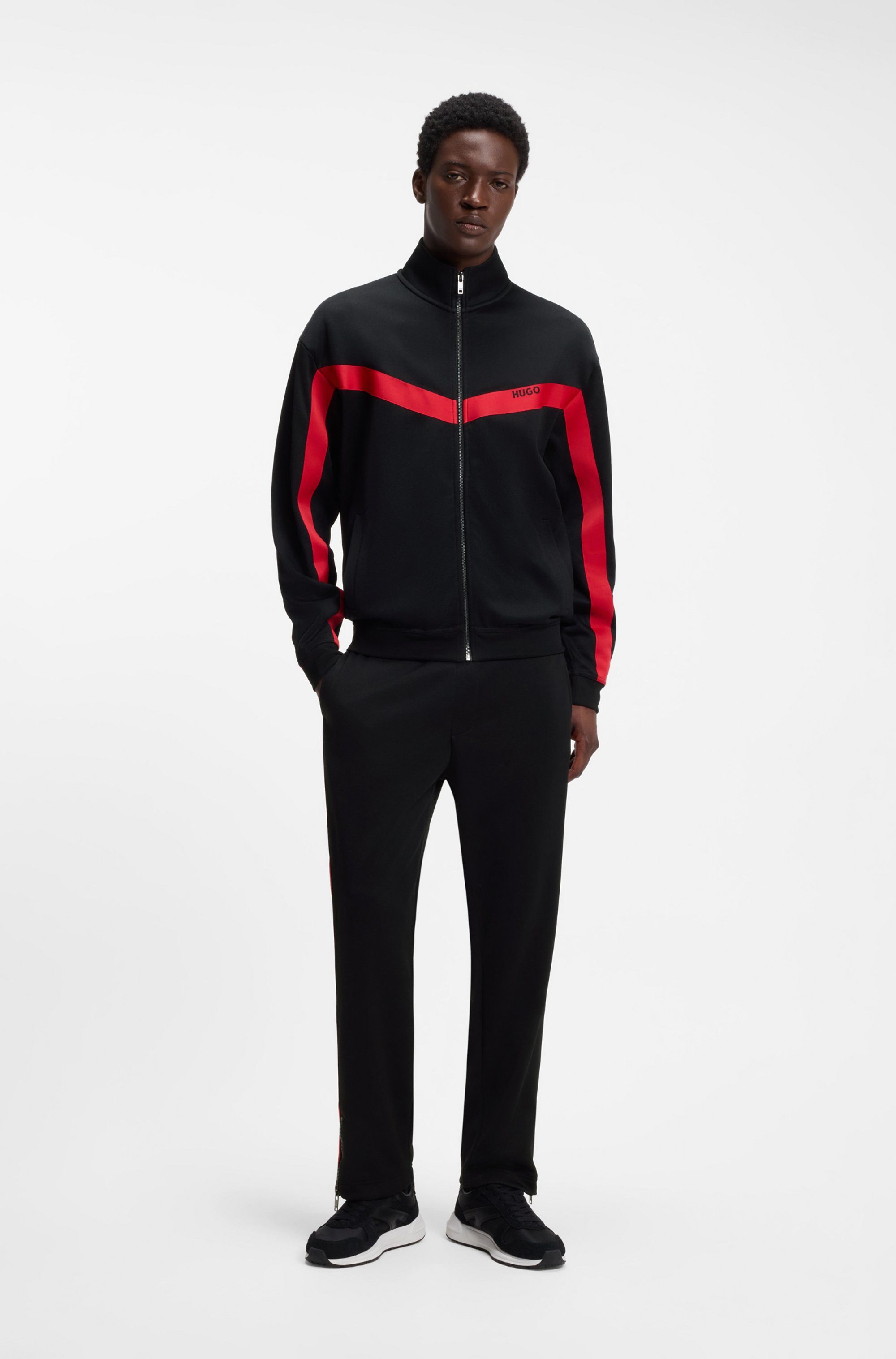 HUGO Sweatjacke Darti Stehkragen, Relaxed Fit, Logo-Tape