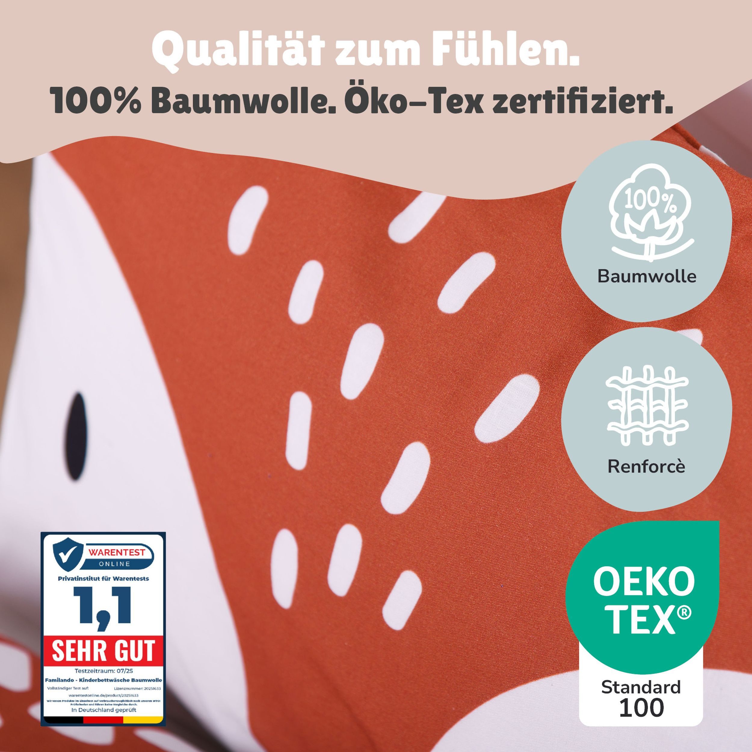 Familando Babybettwäsche little Fox 100x135 40x60cm niedlicher Fuchs mit Ohren, Renforcé, 2 teilig, mit liebevollem Motiv & süßen Details – Bild 4 von 5